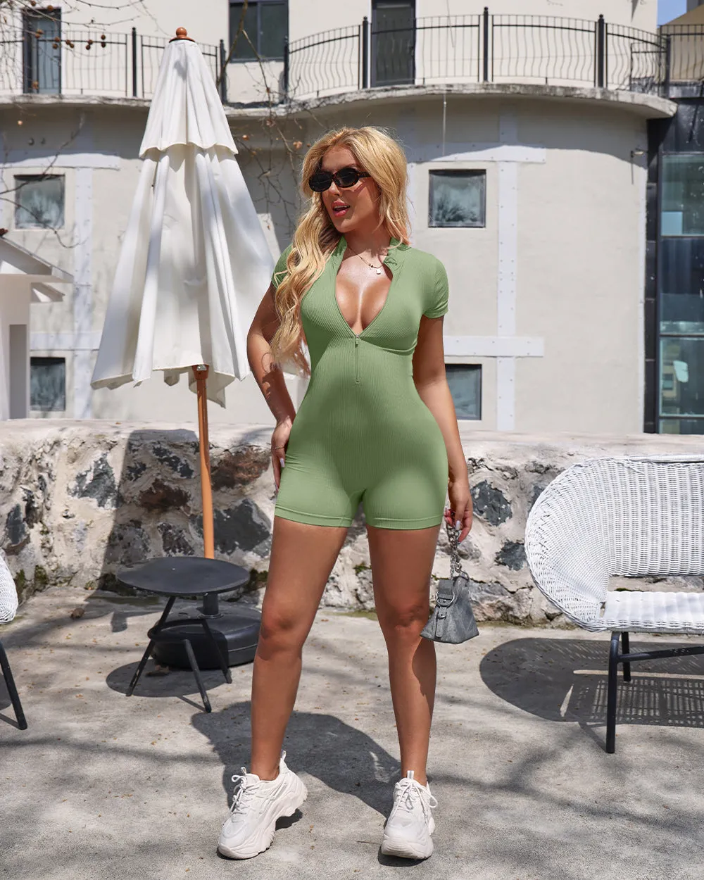 Ribbed Short Sleeve Zip Romper