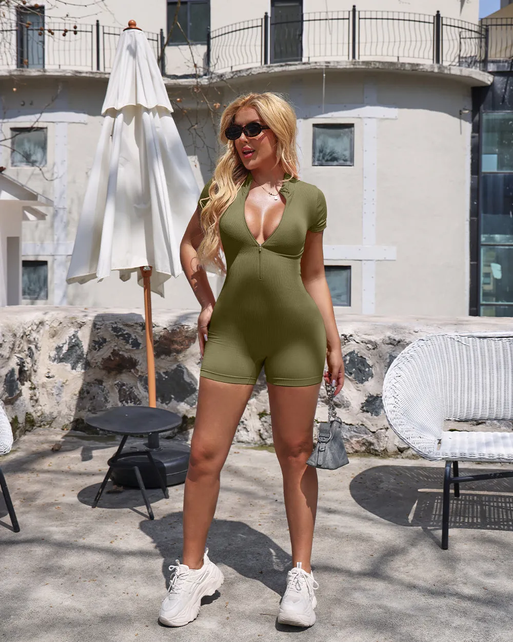 Ribbed Short Sleeve Zip Romper