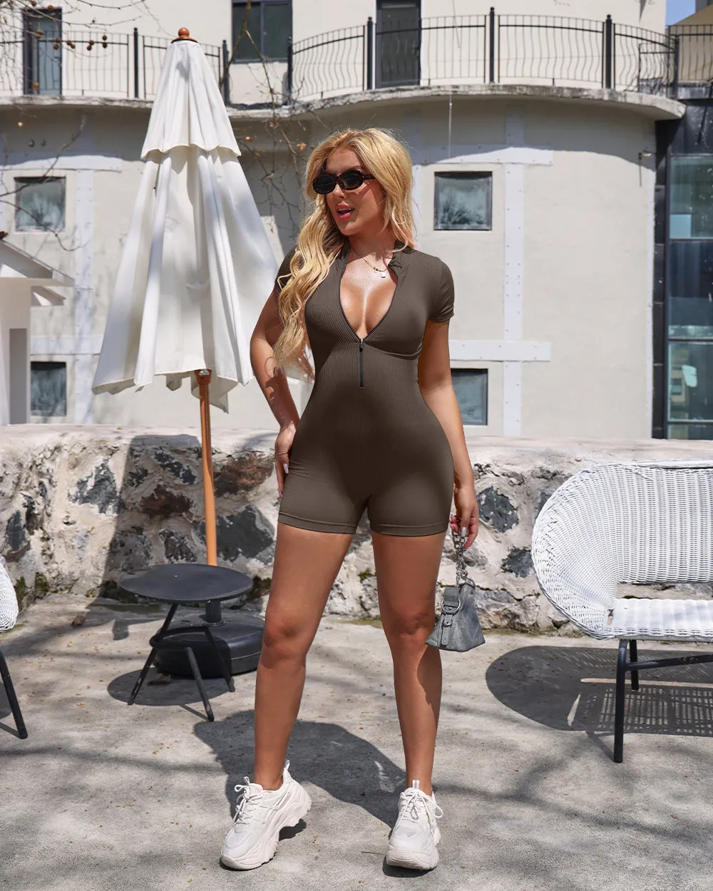 Ribbed Short Sleeve Zip Romper