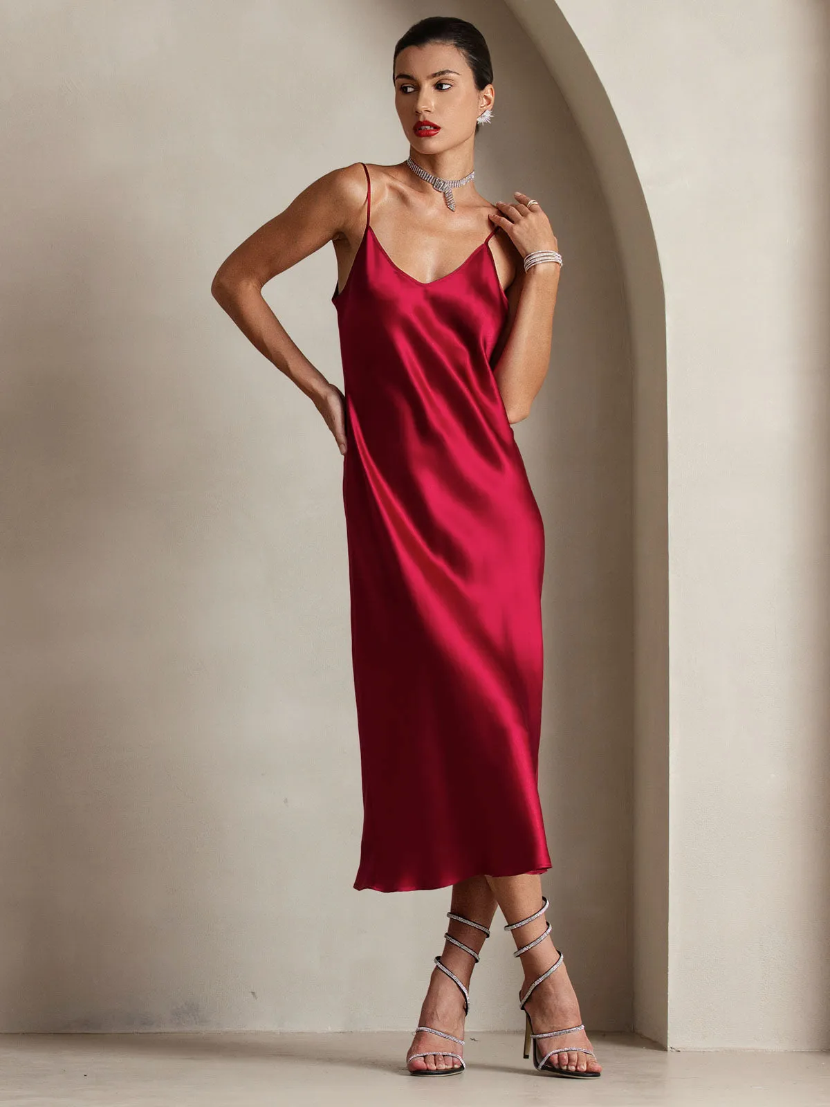 Robe Longue en Soie Pure avec Bretelles Spaghetti