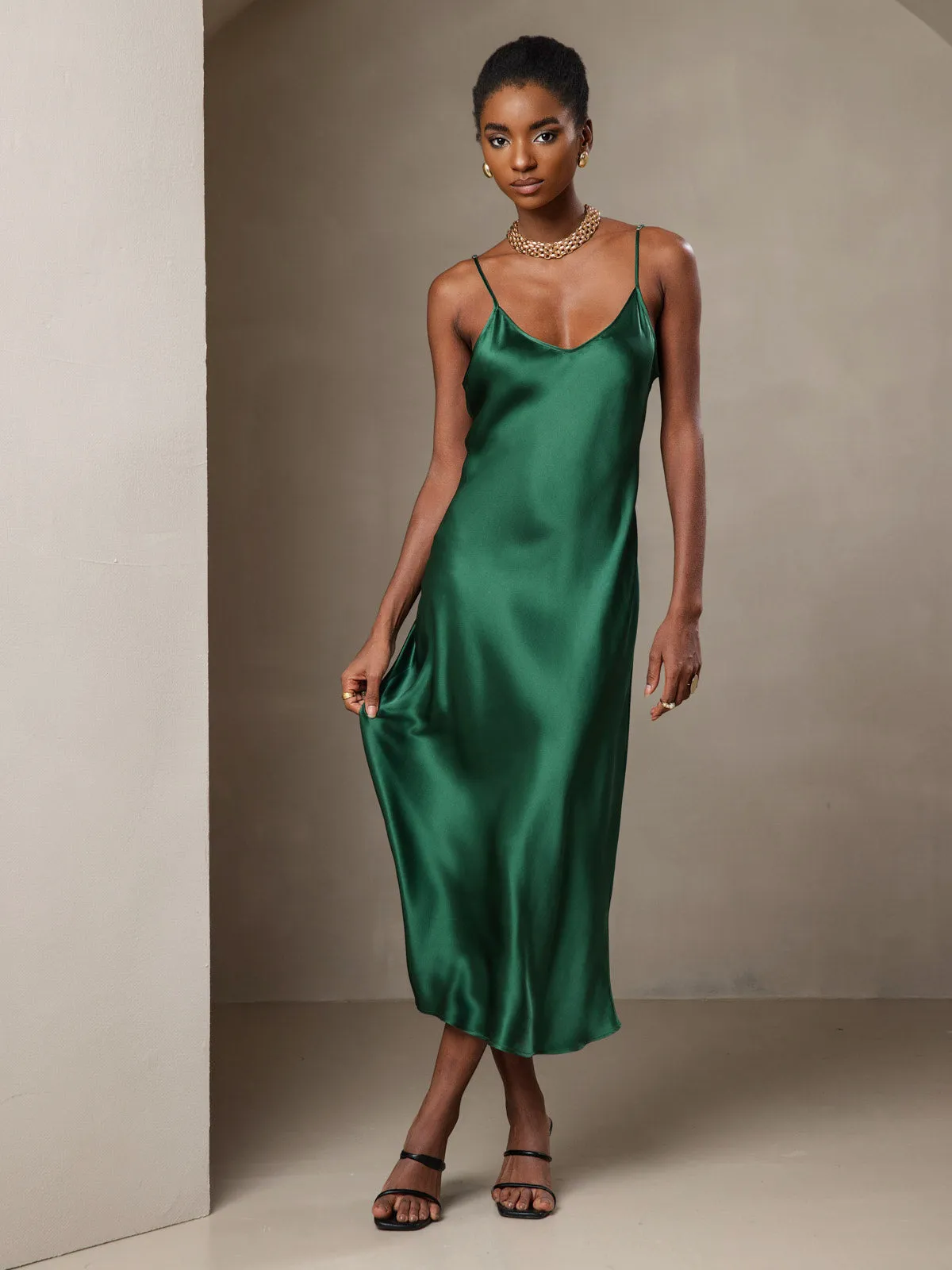 Robe Longue en Soie Pure avec Bretelles Spaghetti