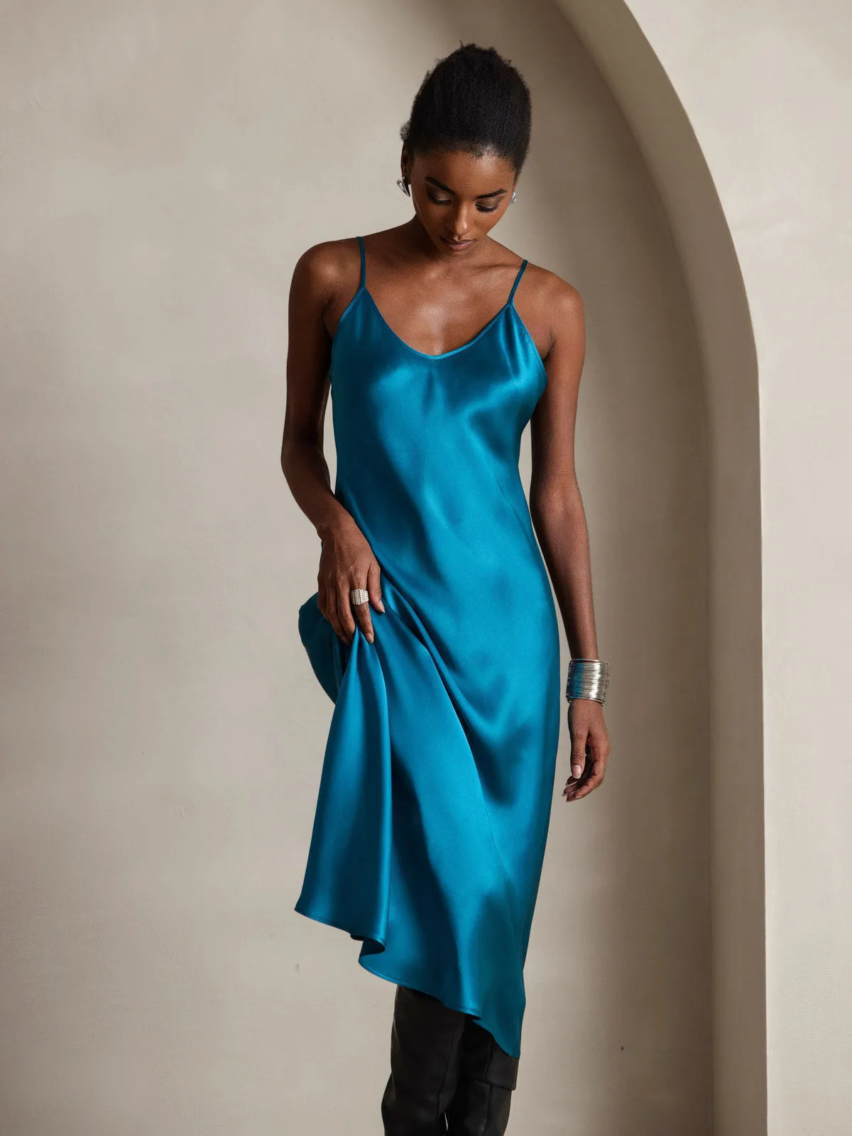 Robe Longue en Soie Pure avec Bretelles Spaghetti