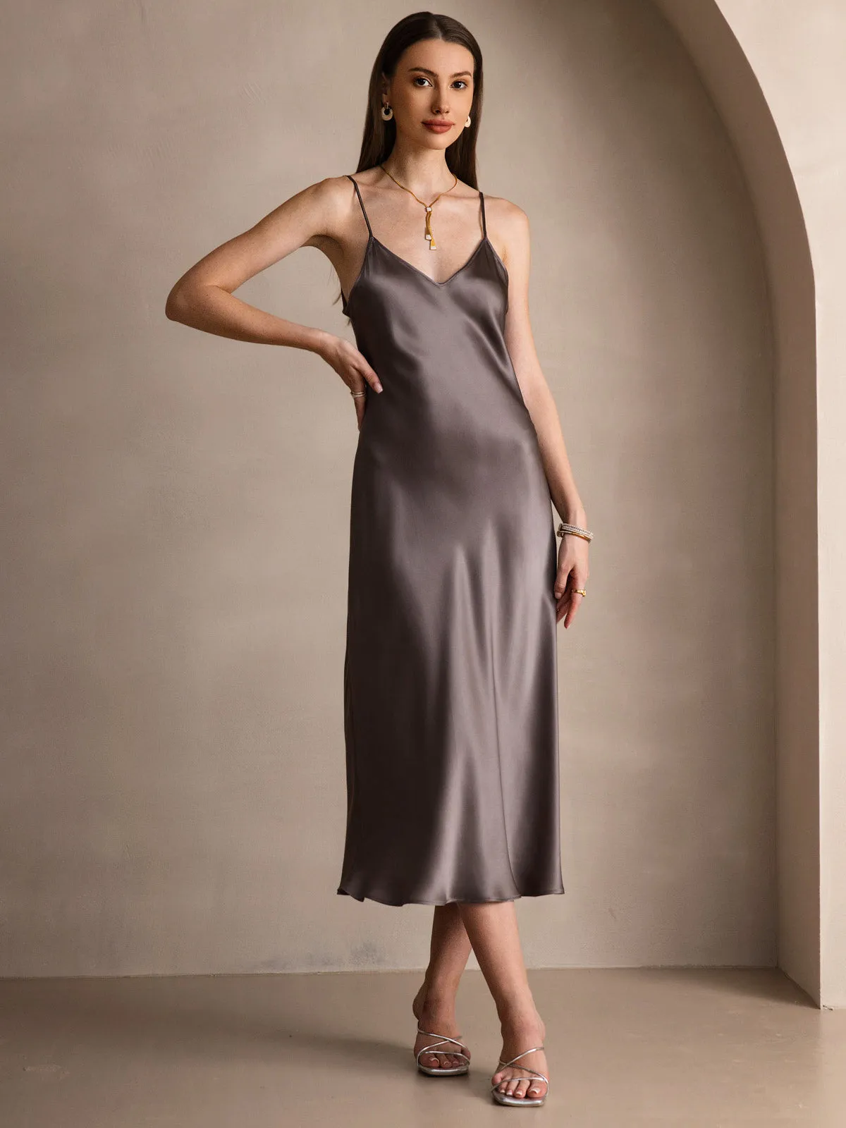 Robe Longue en Soie Pure avec Bretelles Spaghetti