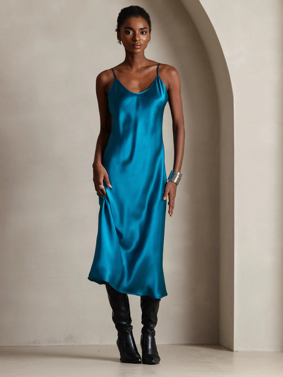 Robe Longue en Soie Pure avec Bretelles Spaghetti