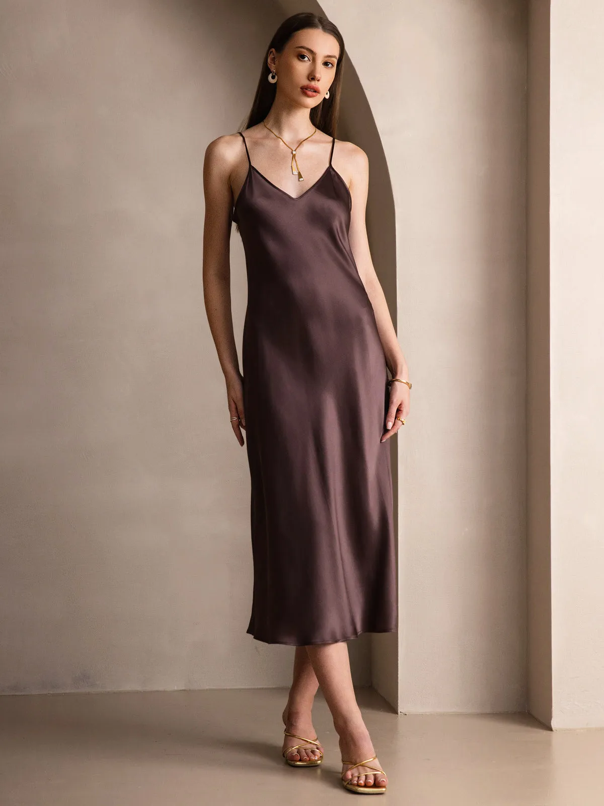 Robe Longue en Soie Pure avec Bretelles Spaghetti
