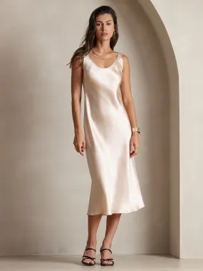Robe Longue en Soie Pure de Couleur Unie à Bretelles Larges Sans Manches