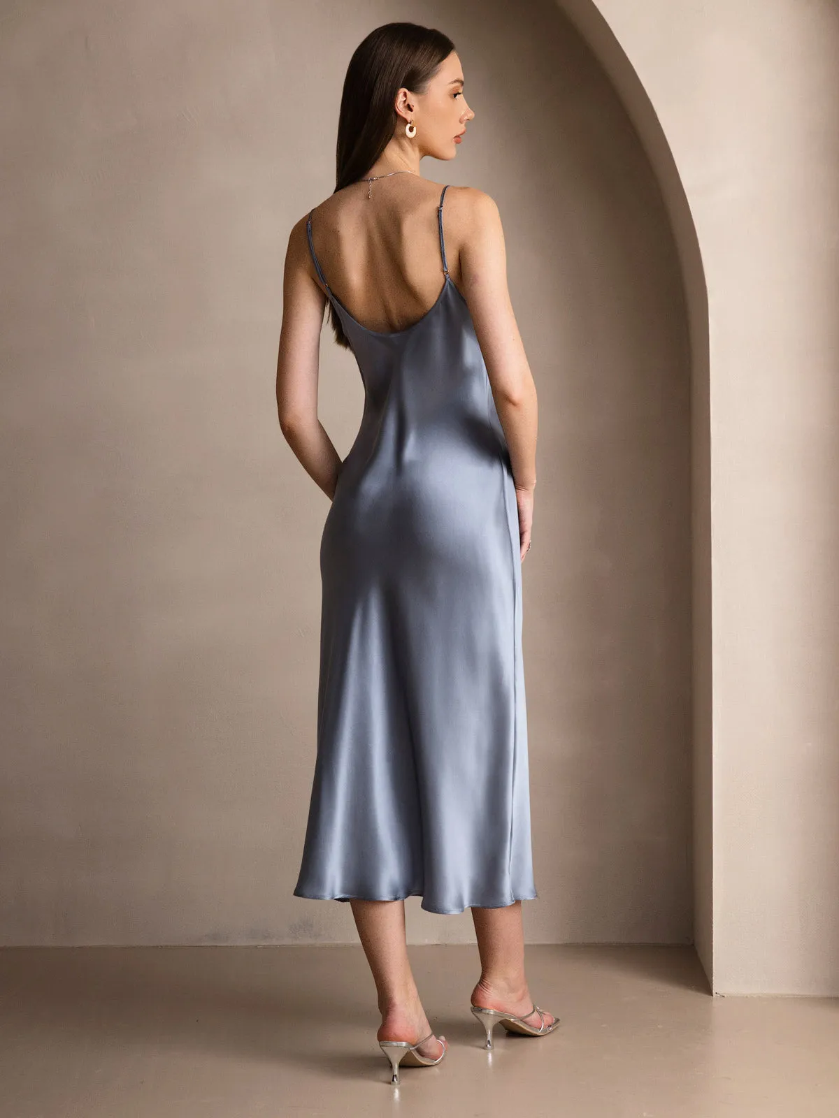 Robe Longue en Soie Pure Uni avec Bretelles Spaghetti