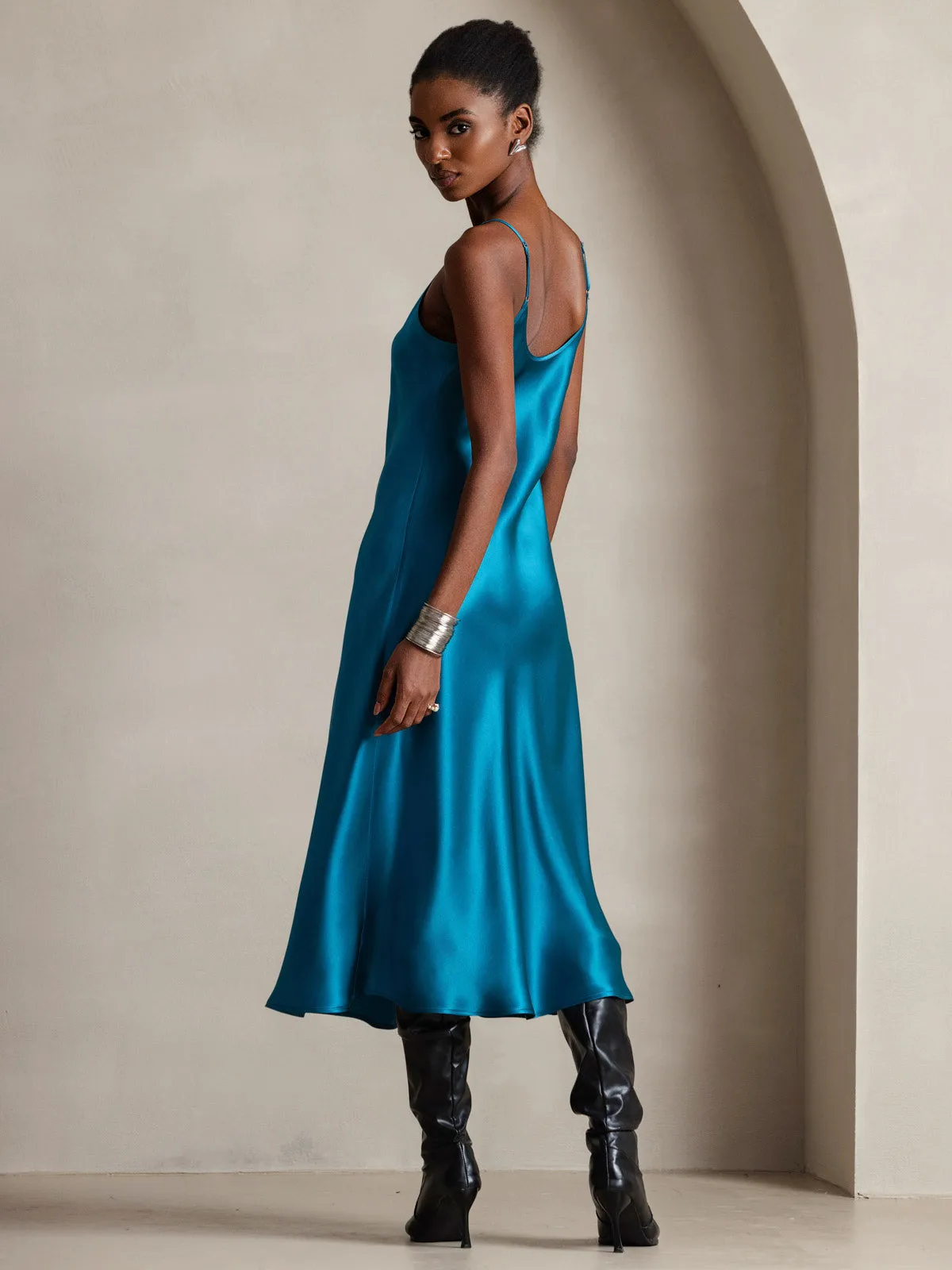 Robe Longue en Soie Pure Uni avec Bretelles Spaghetti