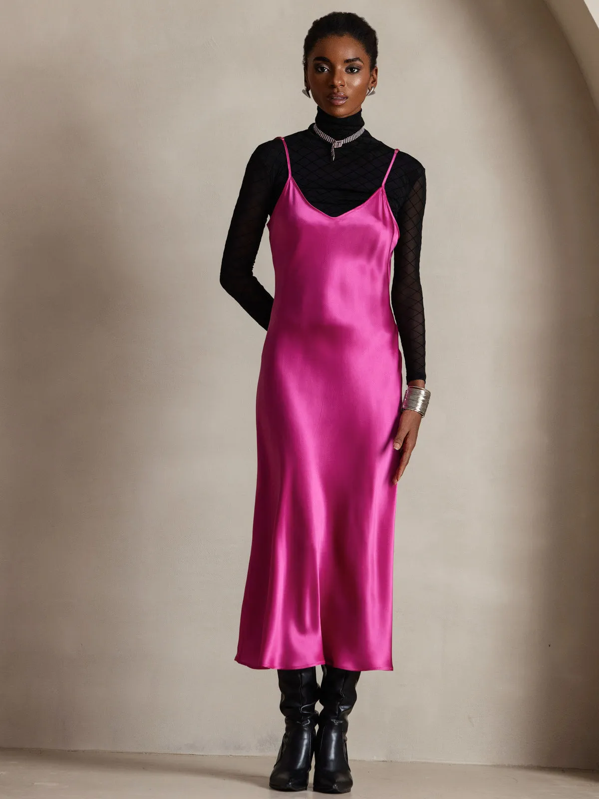 Robe Longue en Soie Pure Uni avec Bretelles Spaghetti