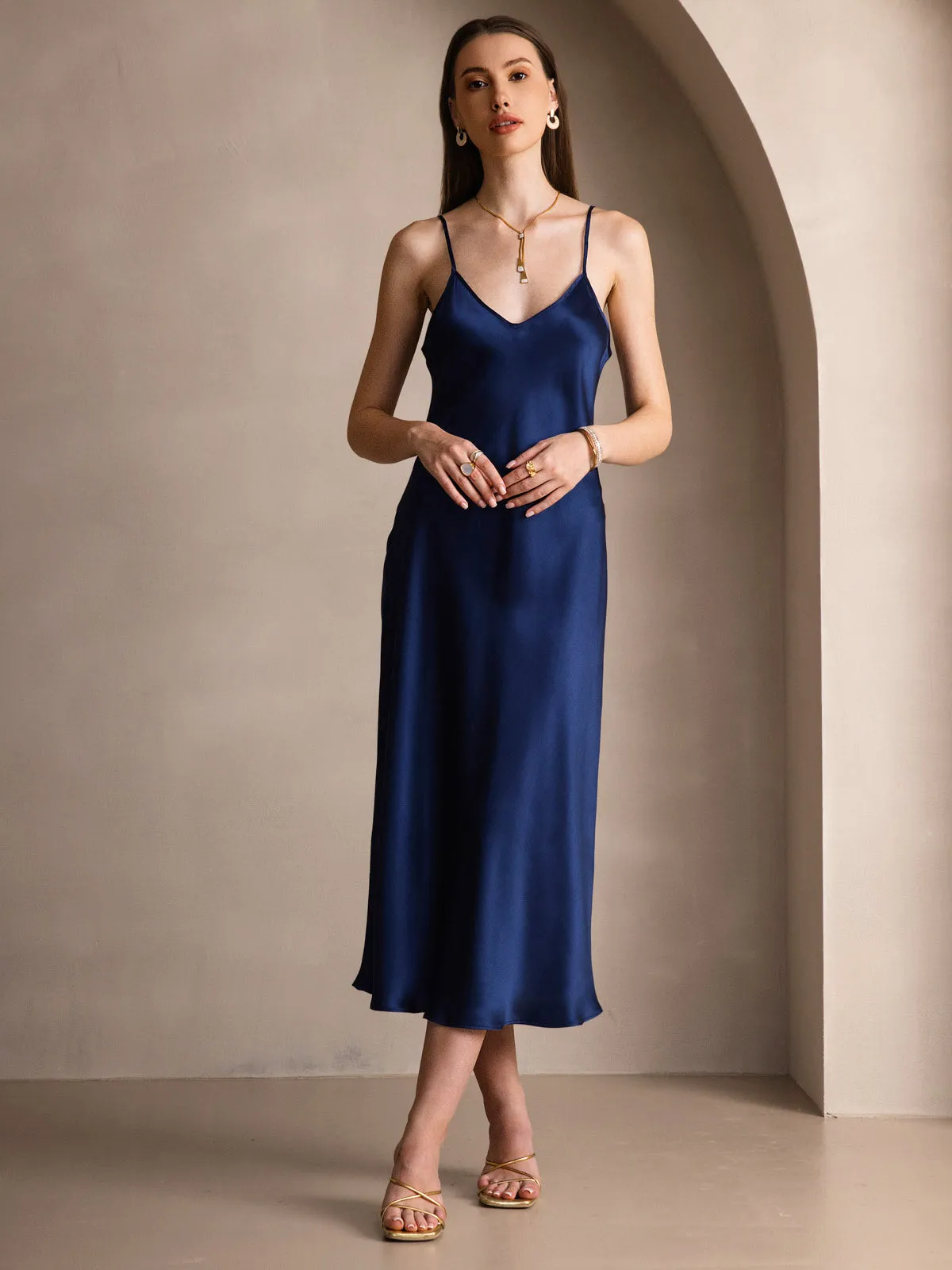 Robe Longue en Soie Pure Uni avec Bretelles Spaghetti