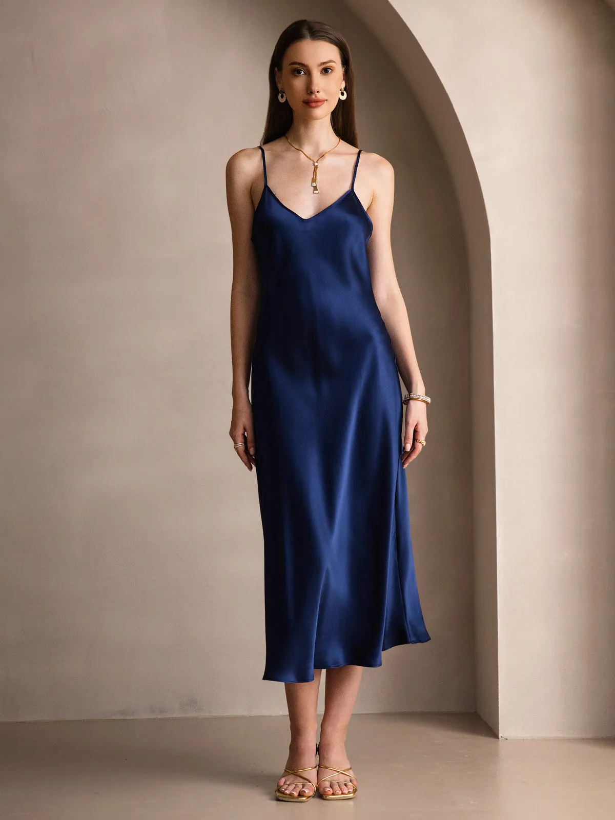 Robe Longue en Soie Pure Uni avec Bretelles Spaghetti