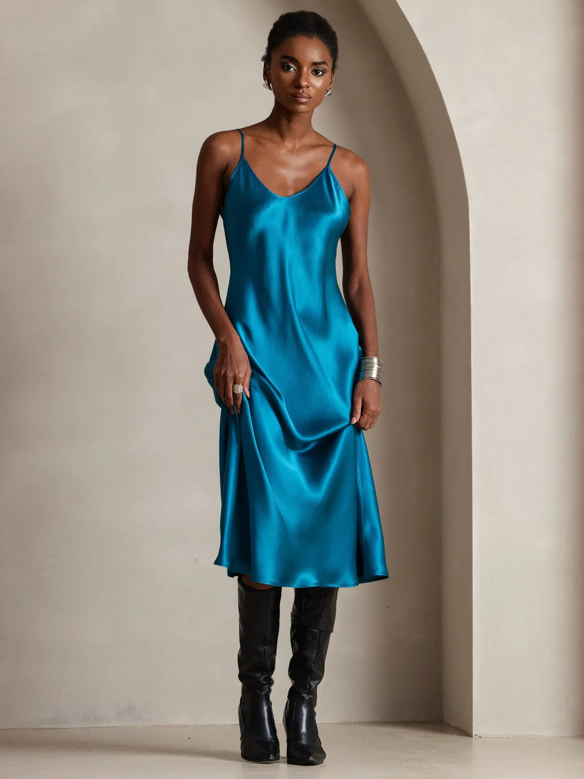 Robe Longue en Soie Pure Uni avec Bretelles Spaghetti