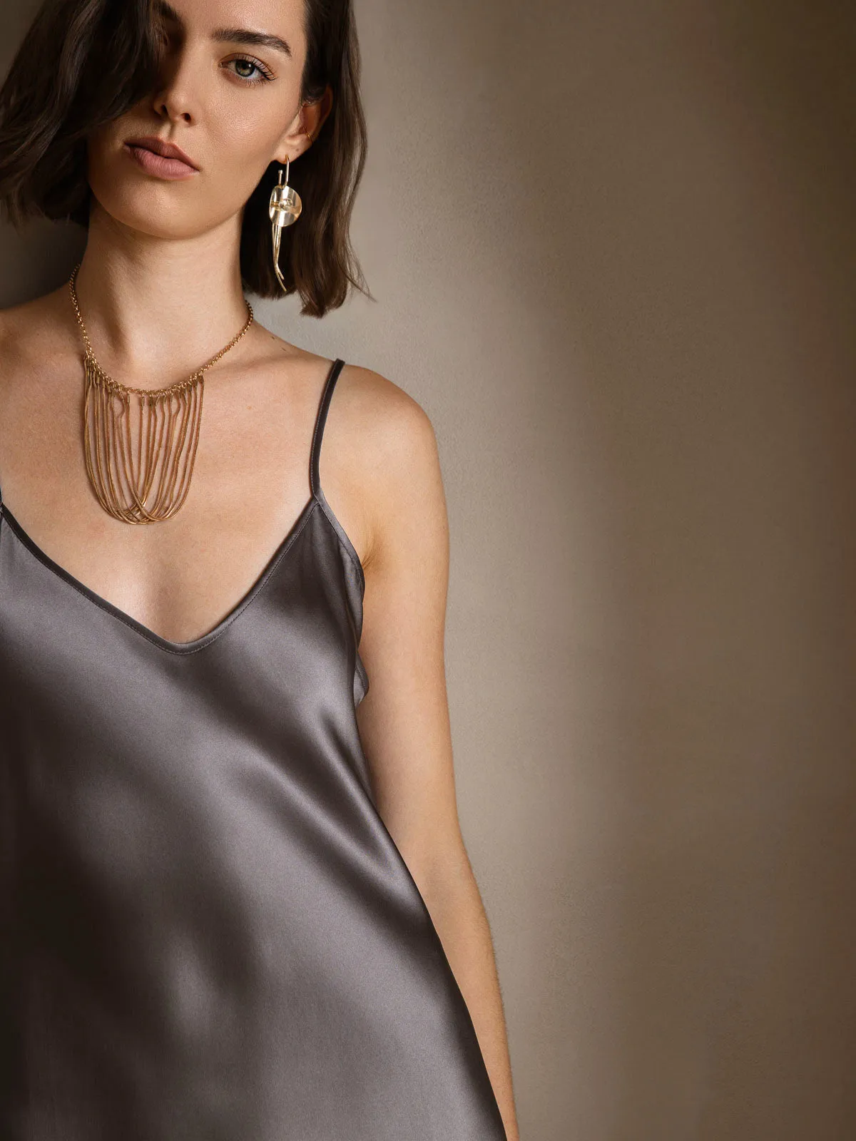 Robe Longue en Soie Pure Uni avec Bretelles Spaghetti