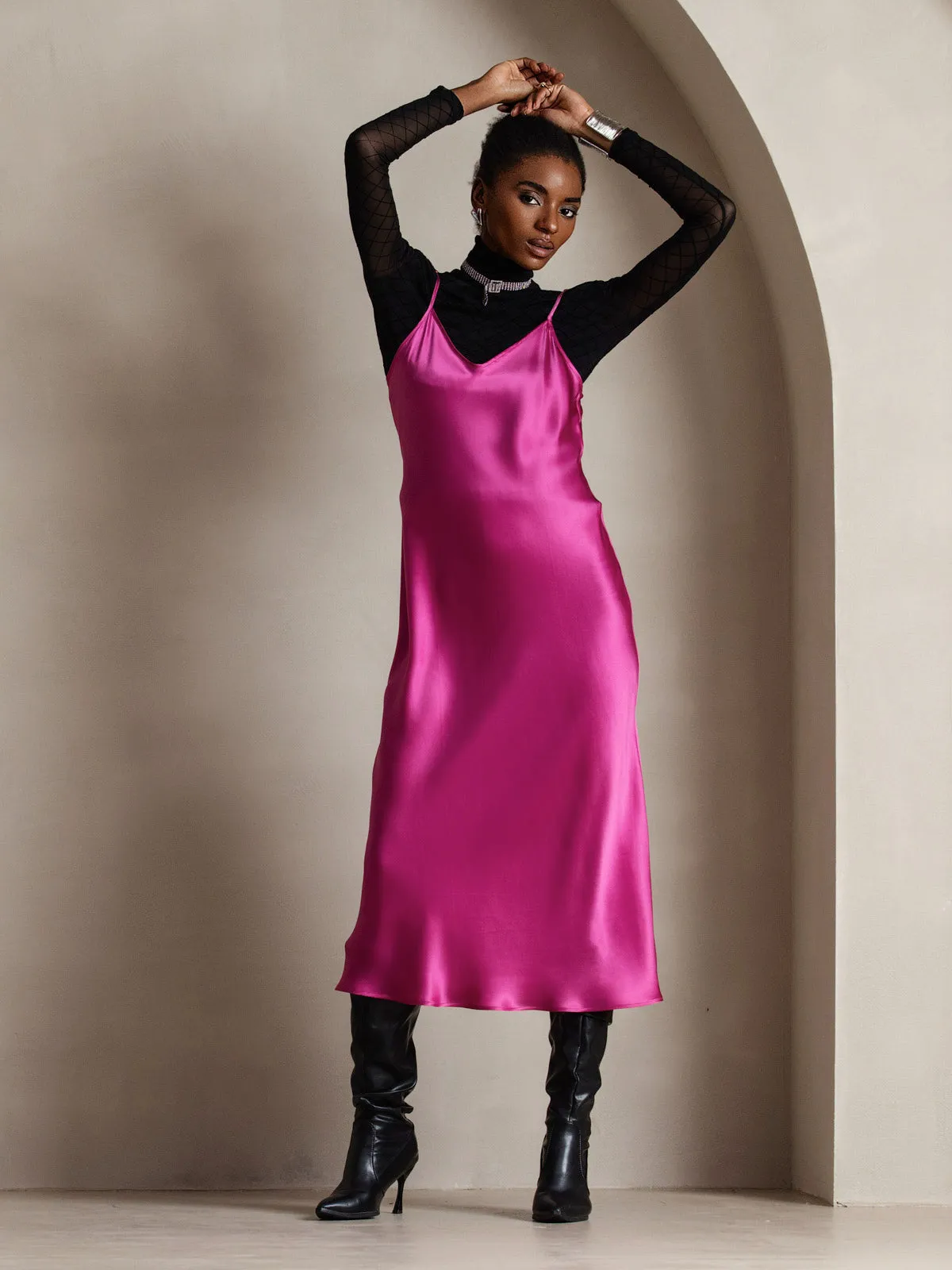 Robe Longue en Soie Pure Uni avec Bretelles Spaghetti