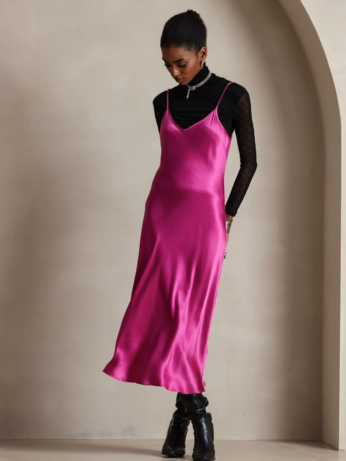 Robe Longue en Soie Pure Uni avec Bretelles Spaghetti