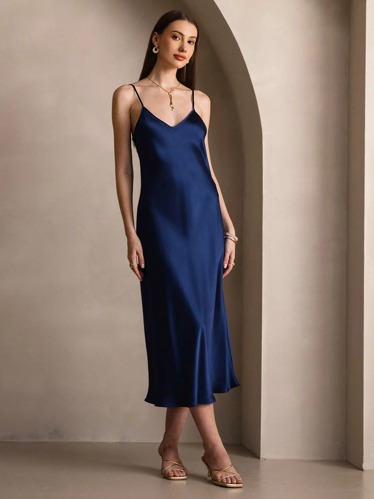 Robe Longue en Soie Pure Uni avec Bretelles Spaghetti