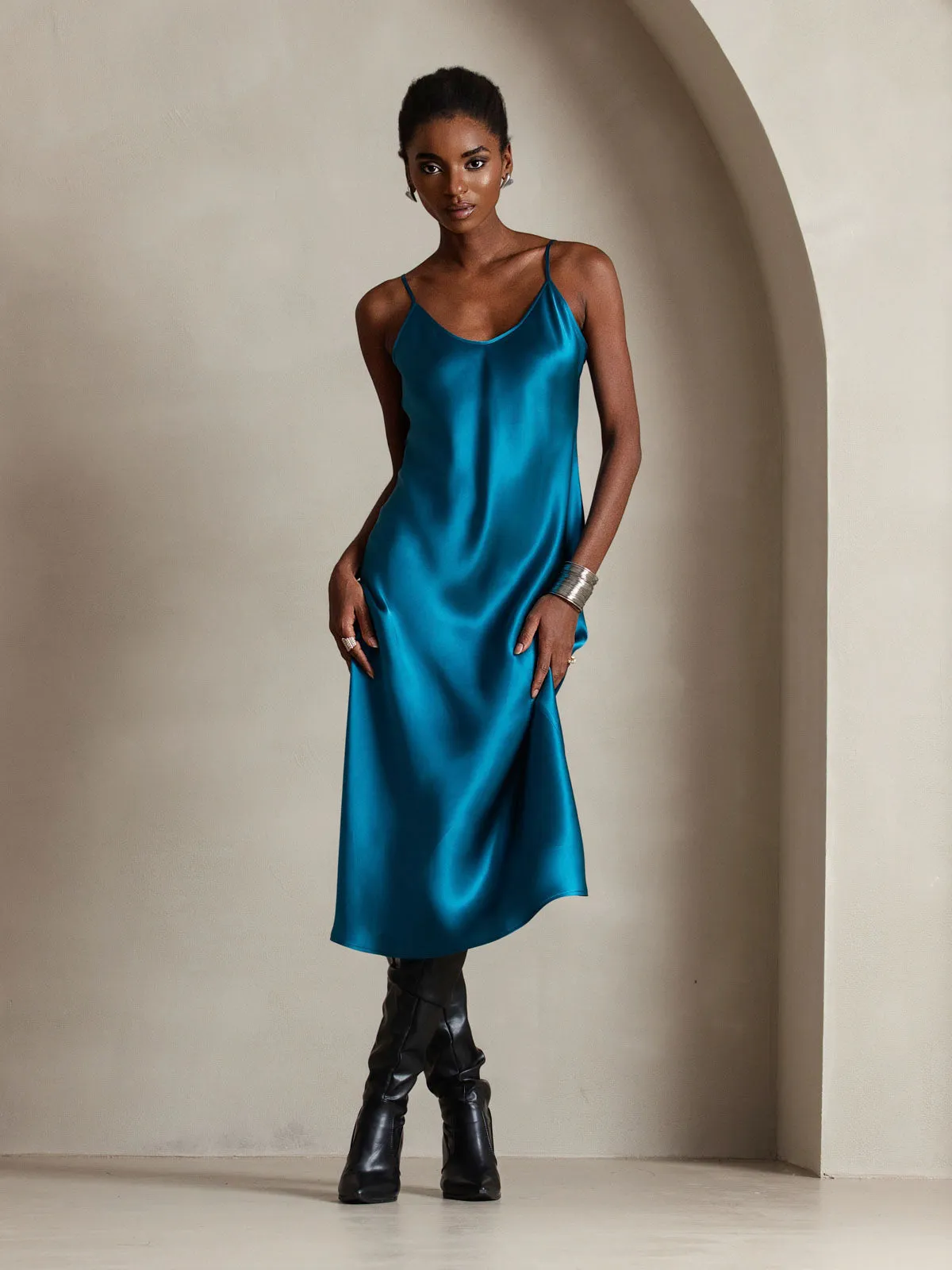 Robe Longue en Soie Pure Uni avec Bretelles Spaghetti