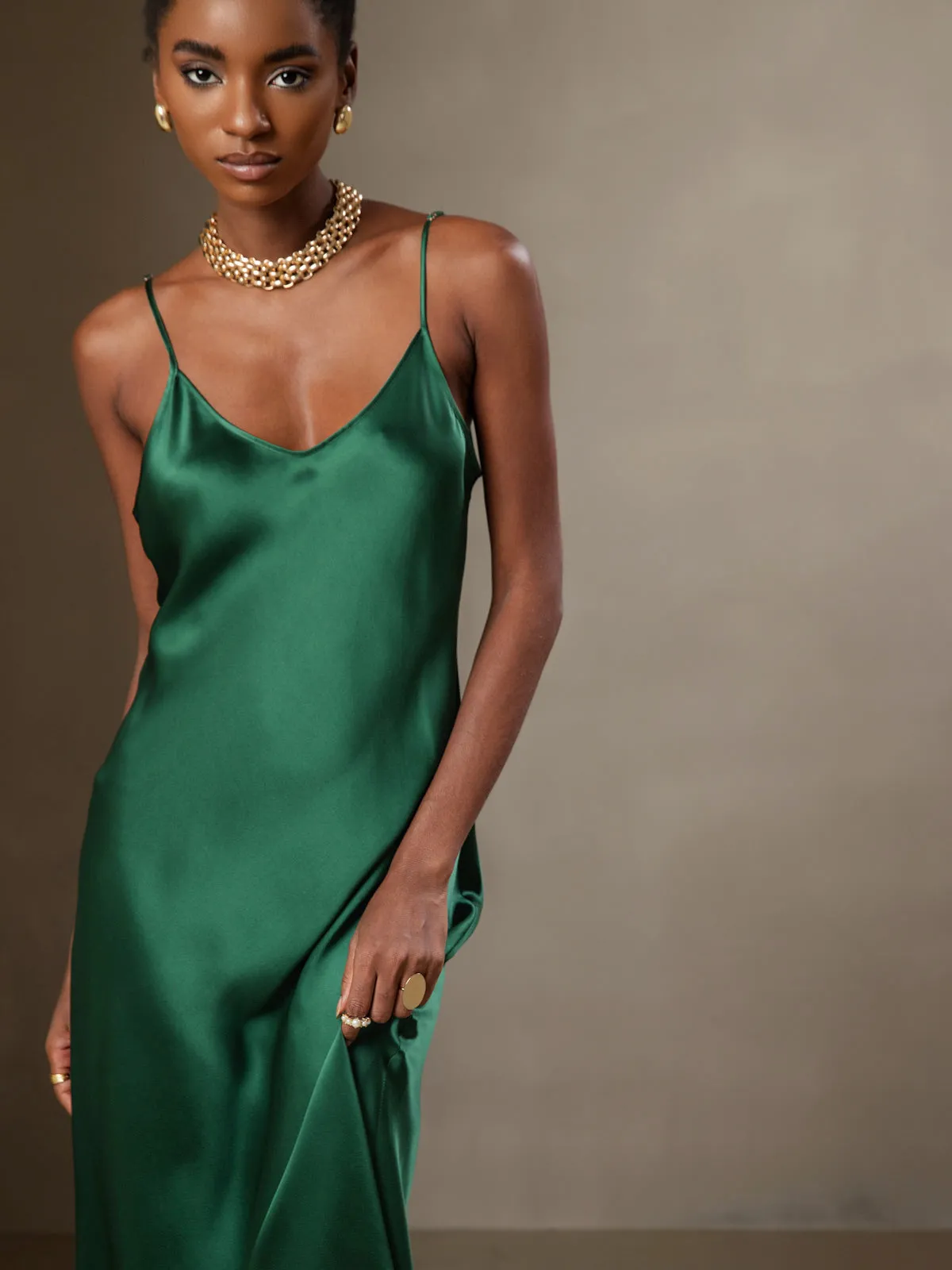 Robe Longue en Soie Pure Uni avec Bretelles Spaghetti