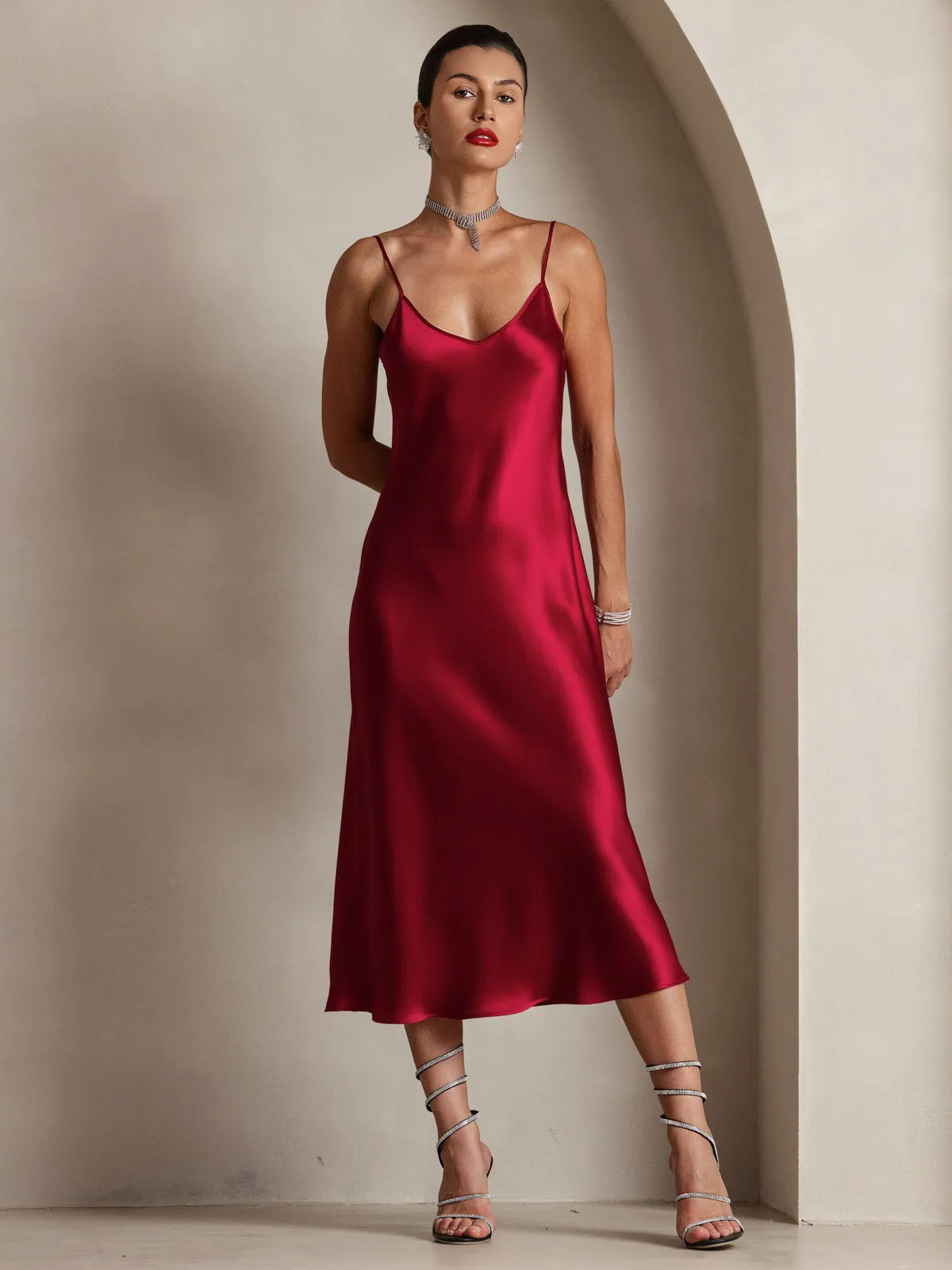Robe Longue en Soie Pure Uni avec Bretelles Spaghetti