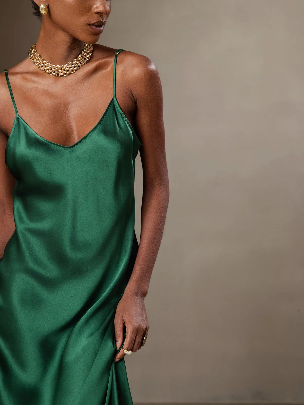 Robe Longue en Soie Pure Uni avec Bretelles Spaghetti