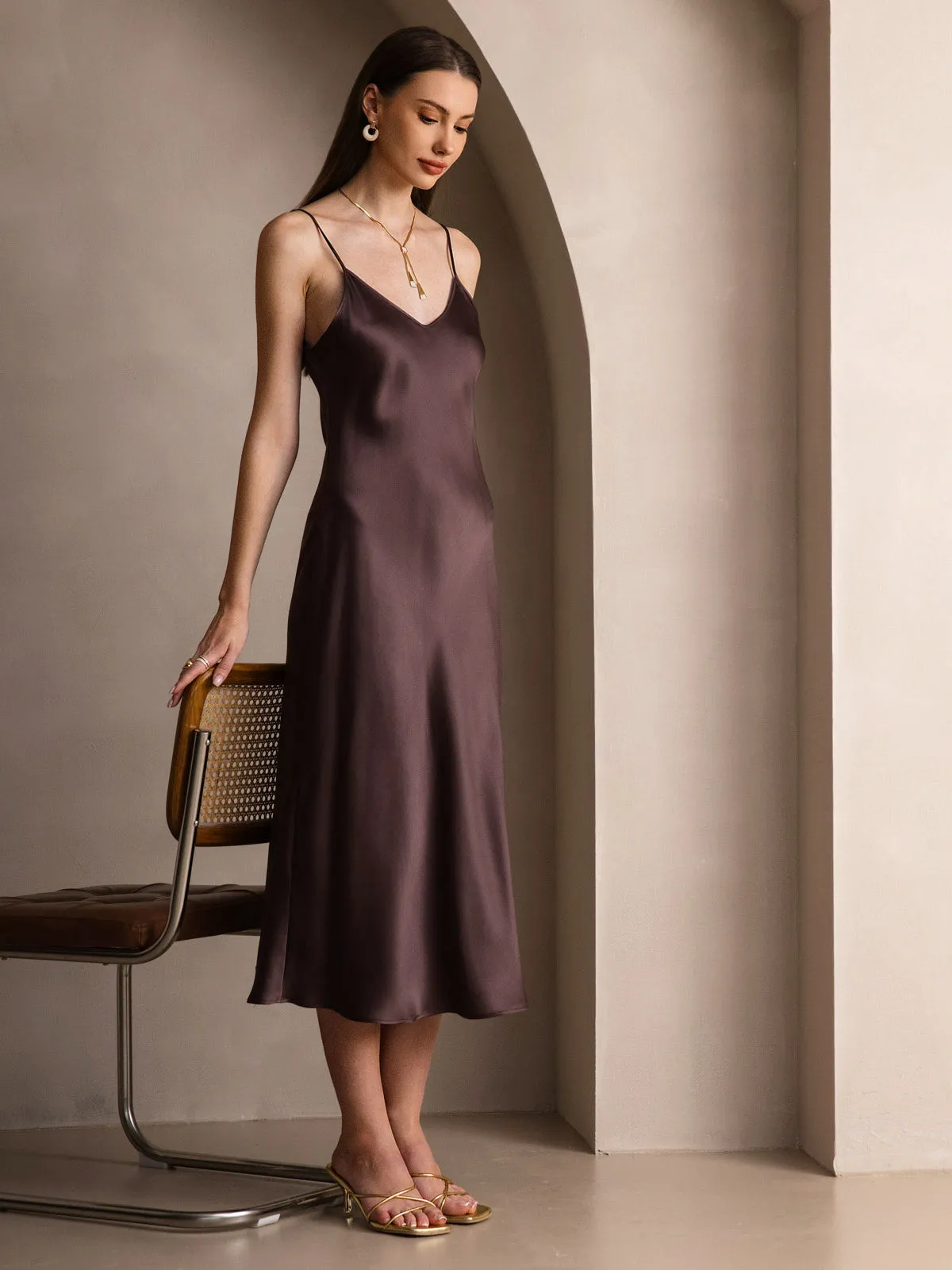 Robe Longue en Soie Pure Uni avec Bretelles Spaghetti