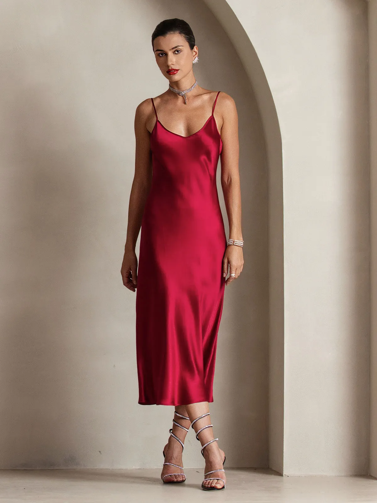 Robe Longue en Soie Pure Uni avec Bretelles Spaghetti