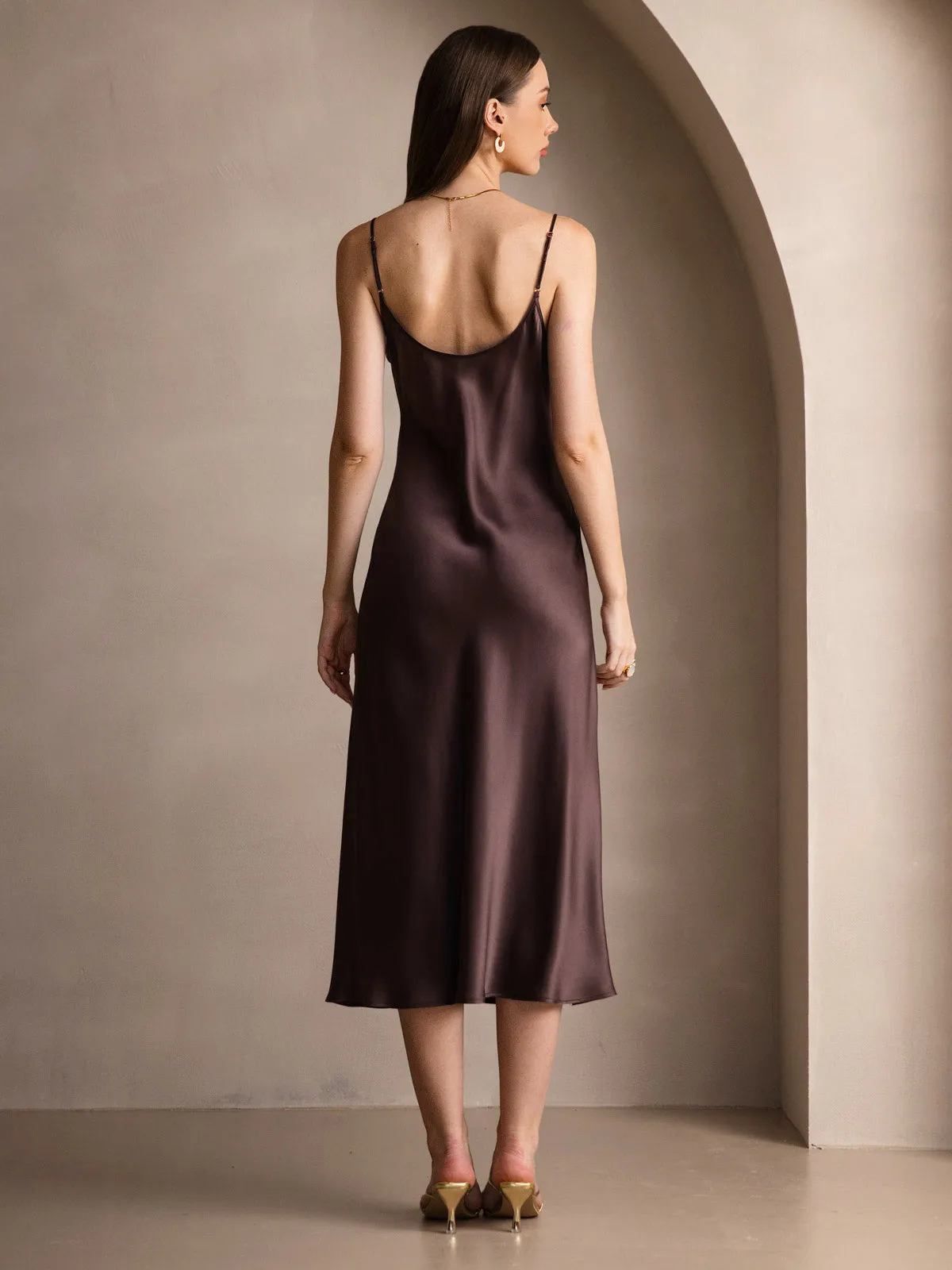 Robe Longue en Soie Pure Uni avec Bretelles Spaghetti