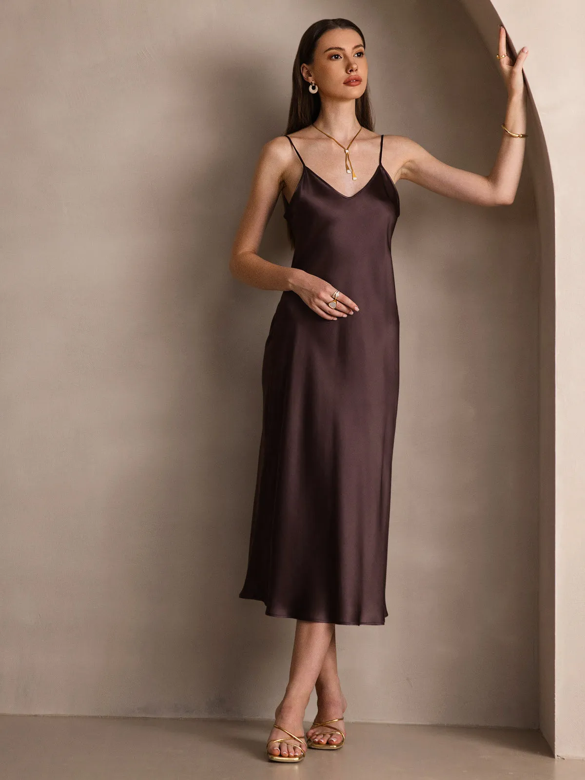Robe Longue en Soie Pure Uni avec Bretelles Spaghetti