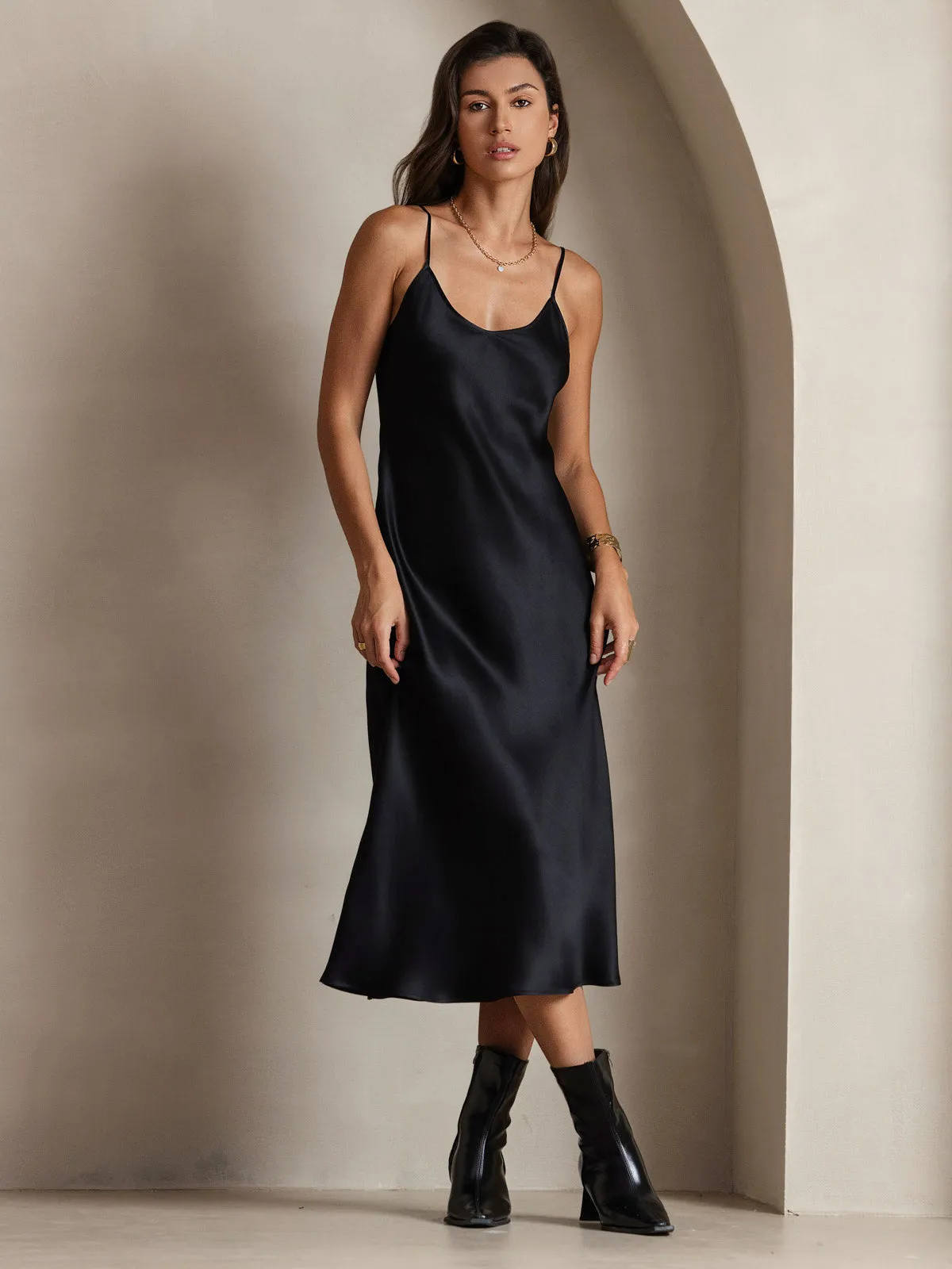 Robe Longue en Soie Pure Uni avec Bretelles Spaghetti