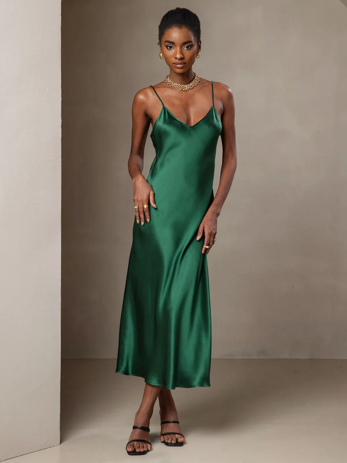 Robe Longue en Soie Pure Uni avec Bretelles Spaghetti