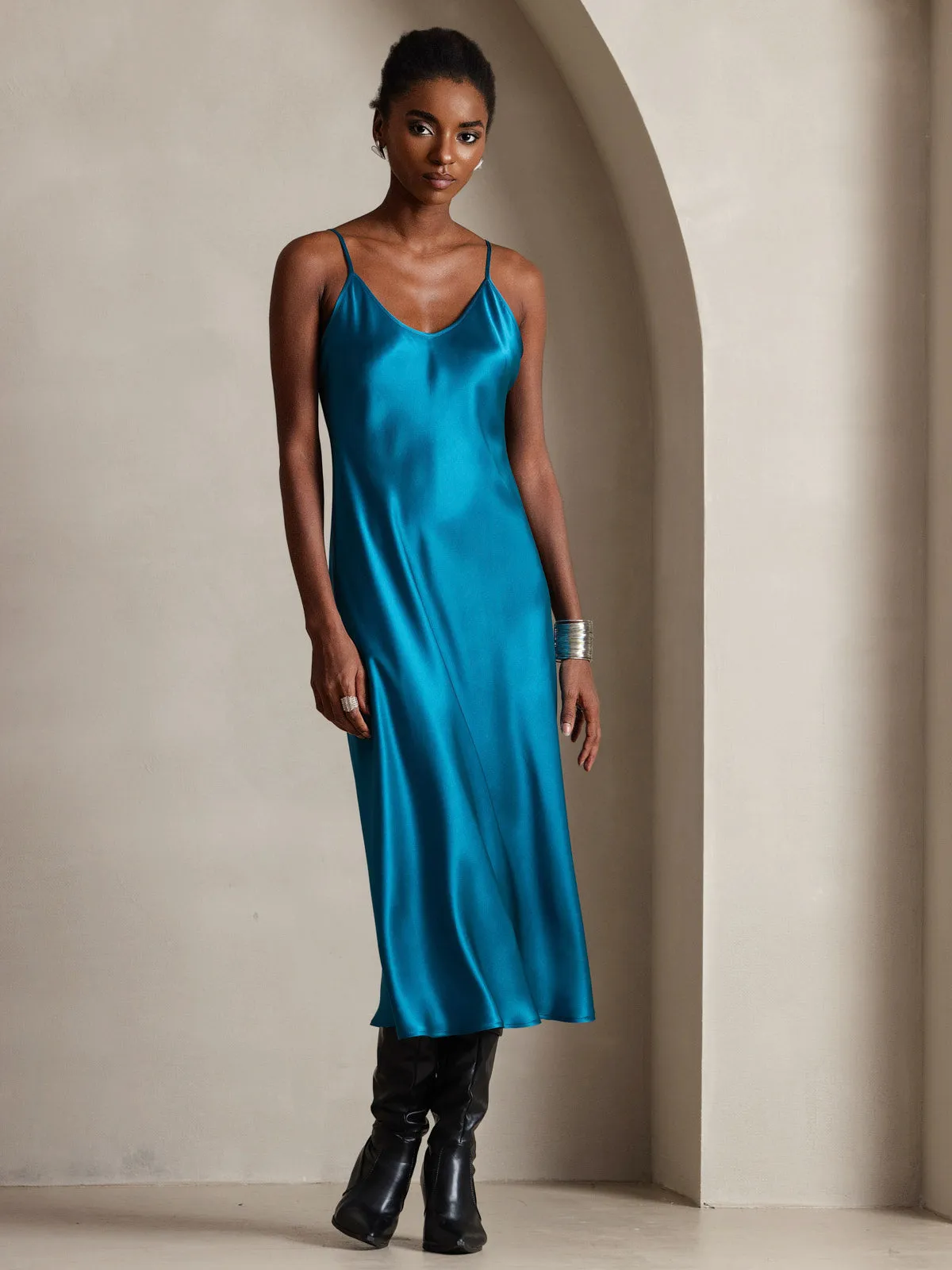 Robe Longue en Soie Pure Uni avec Bretelles Spaghetti