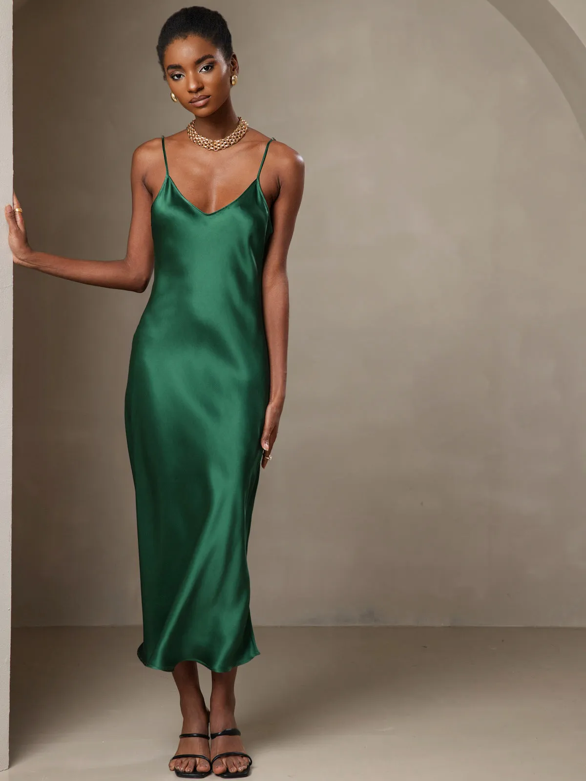 Robe Longue en Soie Pure Uni avec Bretelles Spaghetti