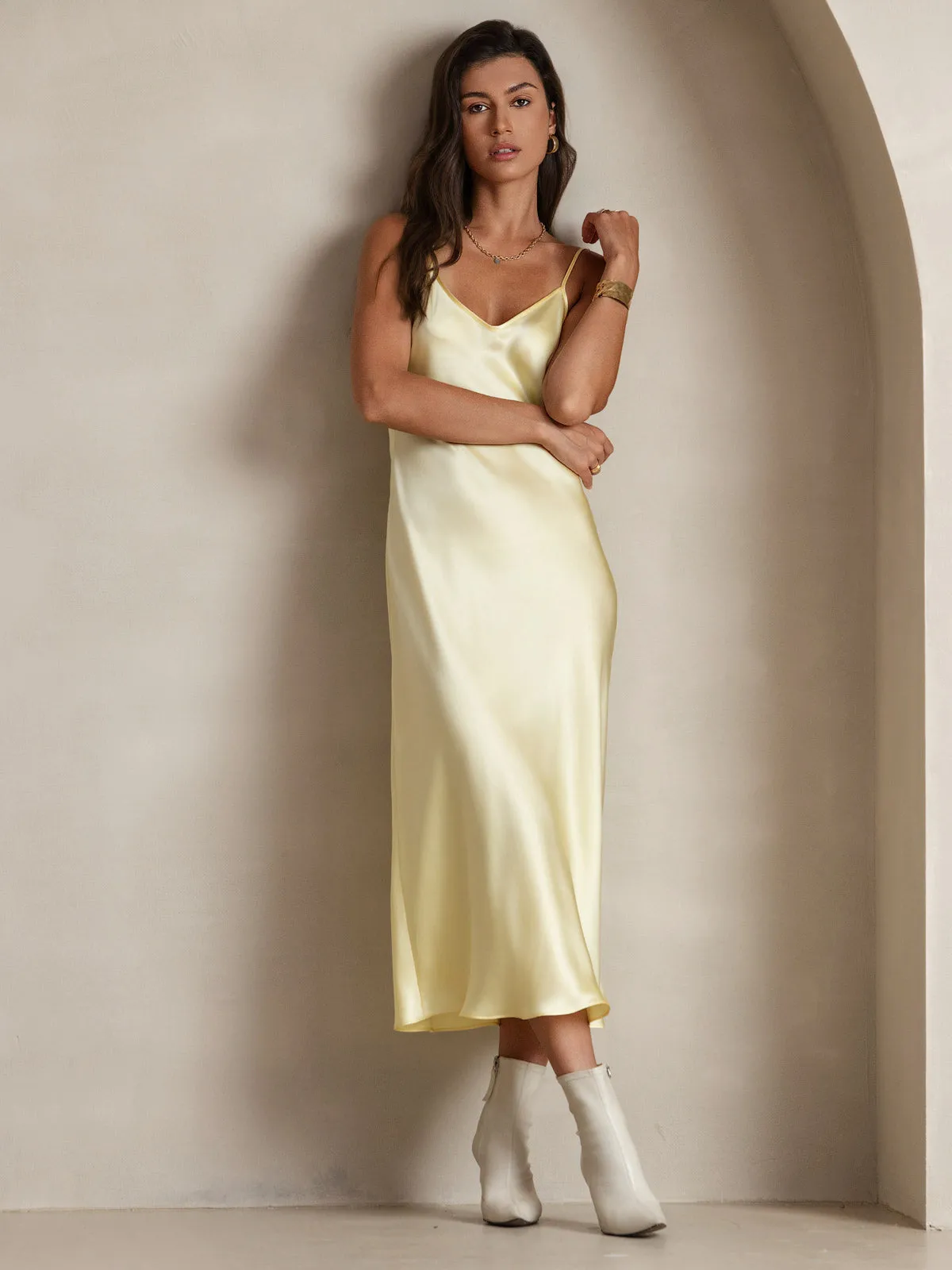 Robe Longue en Soie Pure Uni avec Bretelles Spaghetti