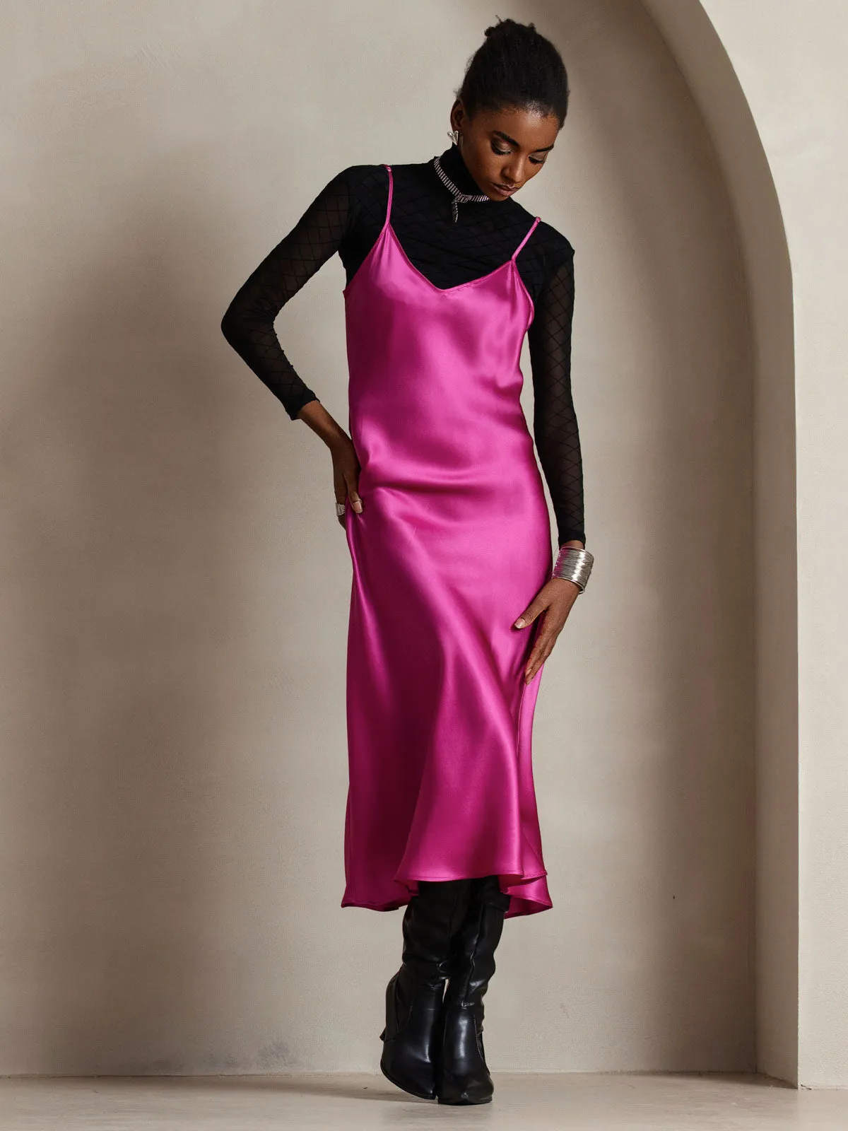 Robe Longue en Soie Pure Uni avec Bretelles Spaghetti