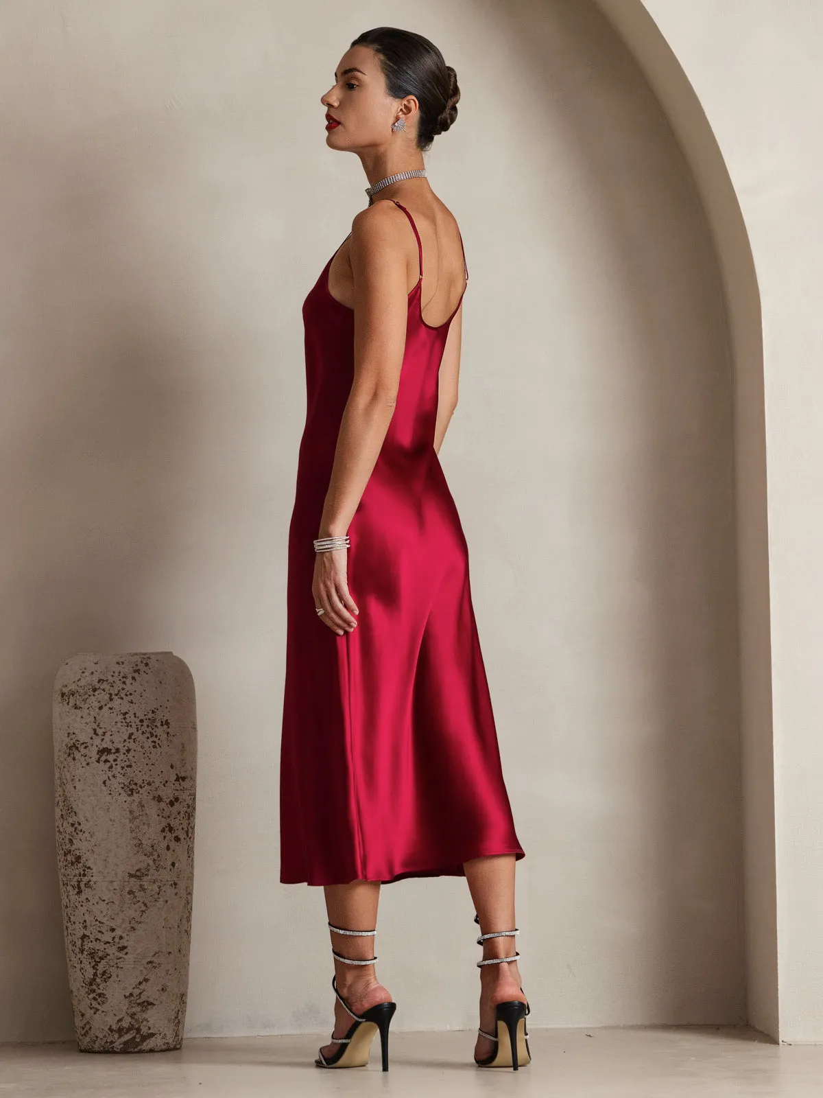 Robe Longue en Soie Pure Uni avec Bretelles Spaghetti