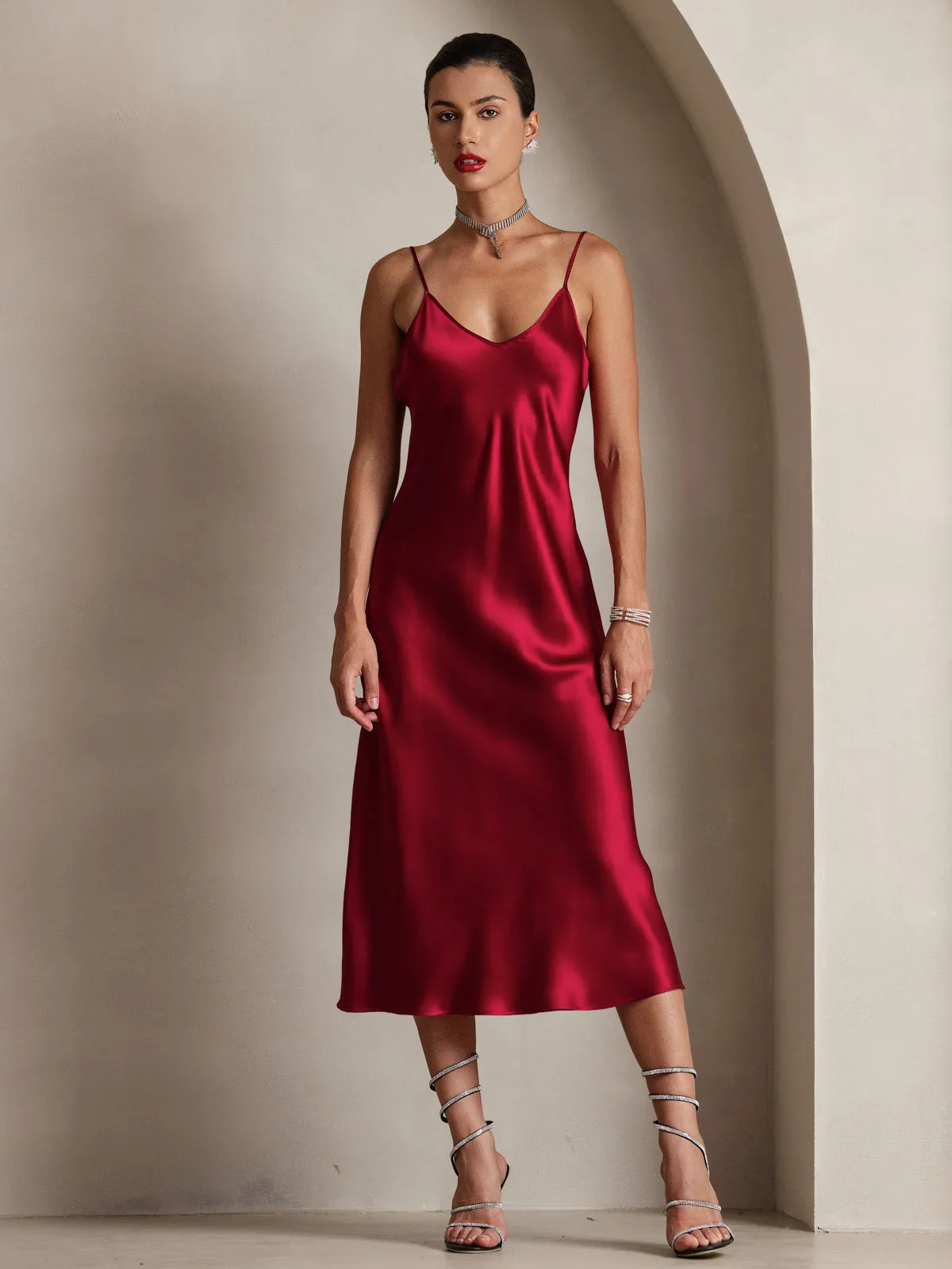 Robe Longue en Soie Pure Uni avec Bretelles Spaghetti