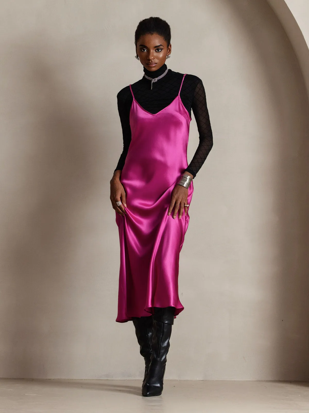 Robe Longue en Soie Pure Uni avec Bretelles Spaghetti