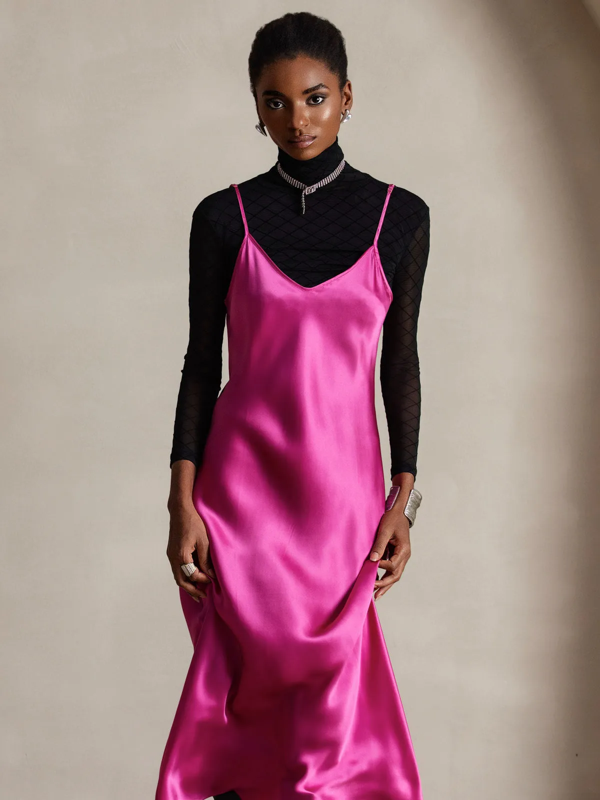 Robe Longue en Soie Pure Uni avec Bretelles Spaghetti