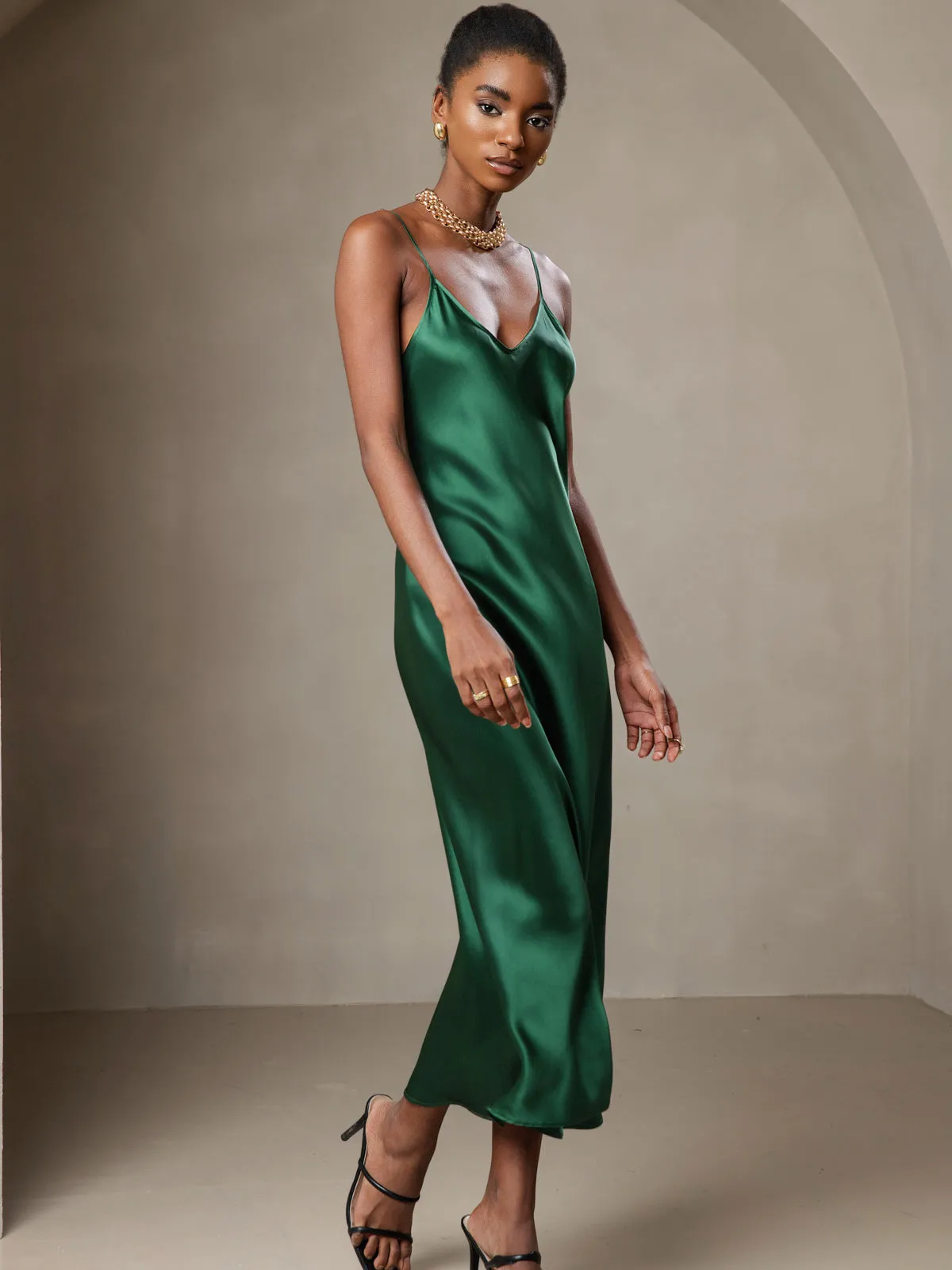 Robe Longue en Soie Pure Uni avec Bretelles Spaghetti