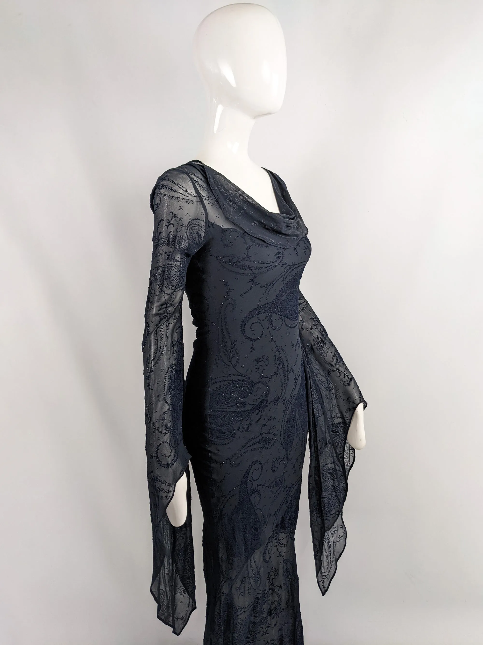 Ronit Zilkha Vintage Midnight Blue Silk Devore Witchy Dress, 2000s