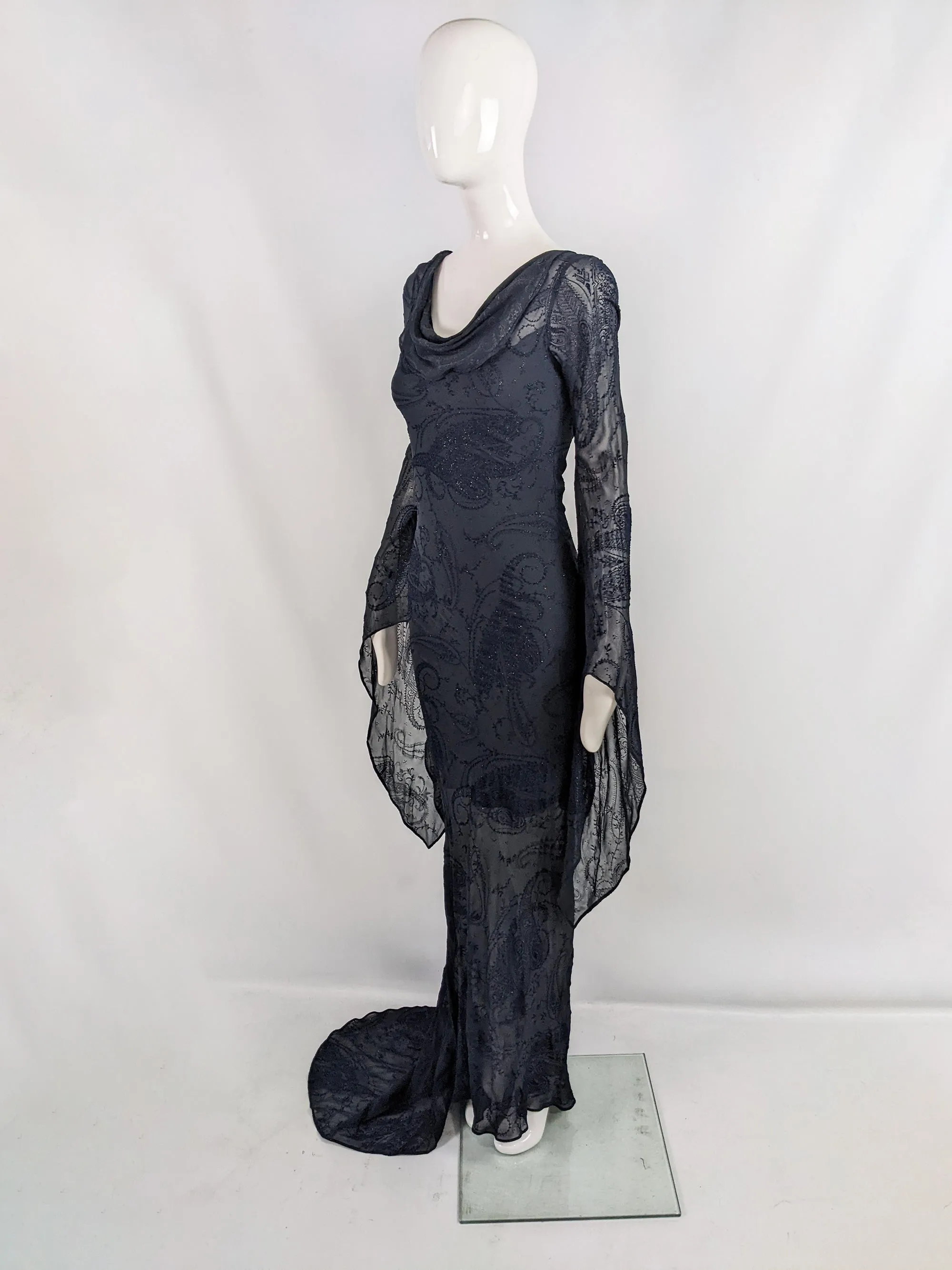 Ronit Zilkha Vintage Midnight Blue Silk Devore Witchy Dress, 2000s