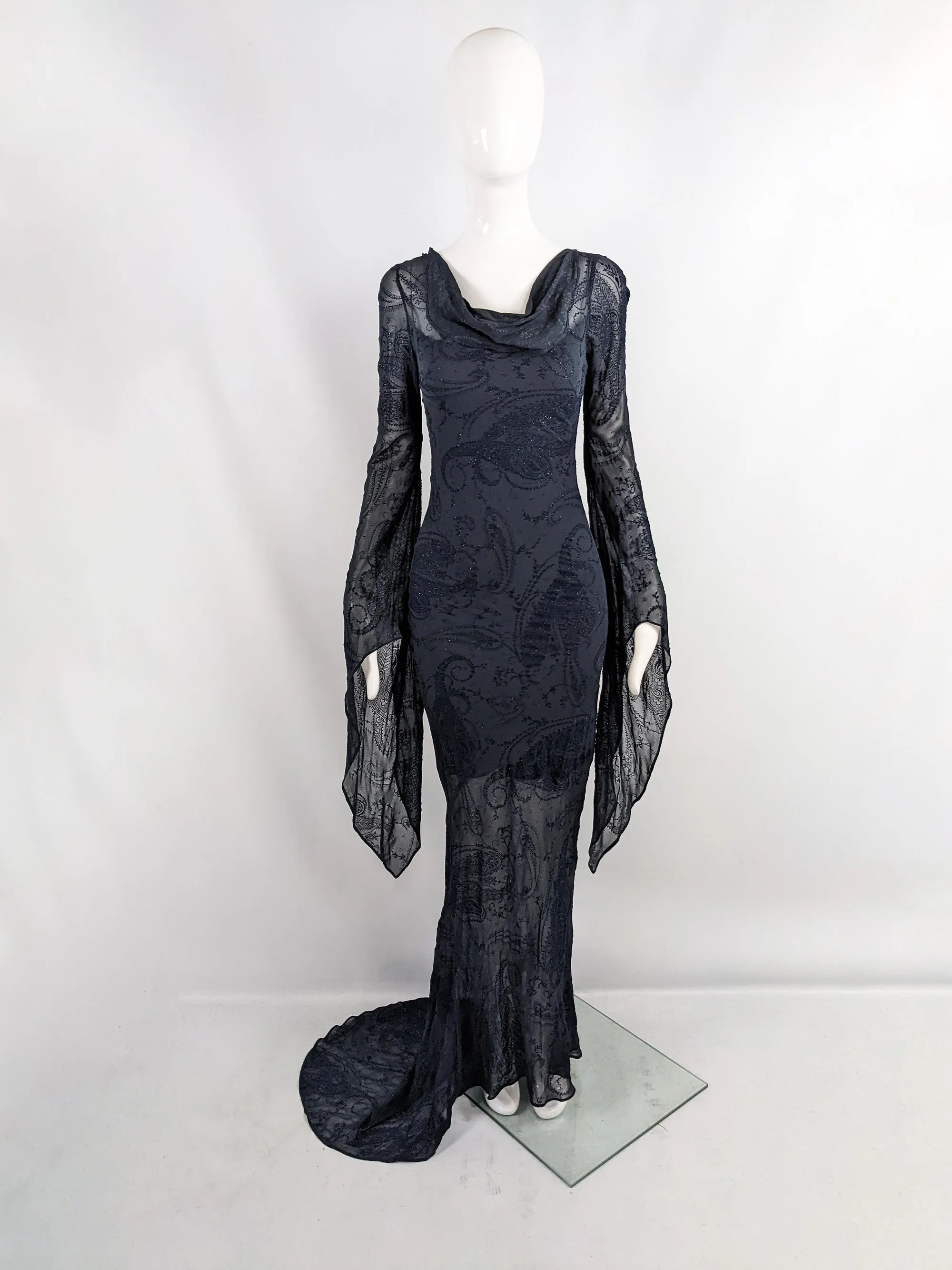 Ronit Zilkha Vintage Midnight Blue Silk Devore Witchy Dress, 2000s