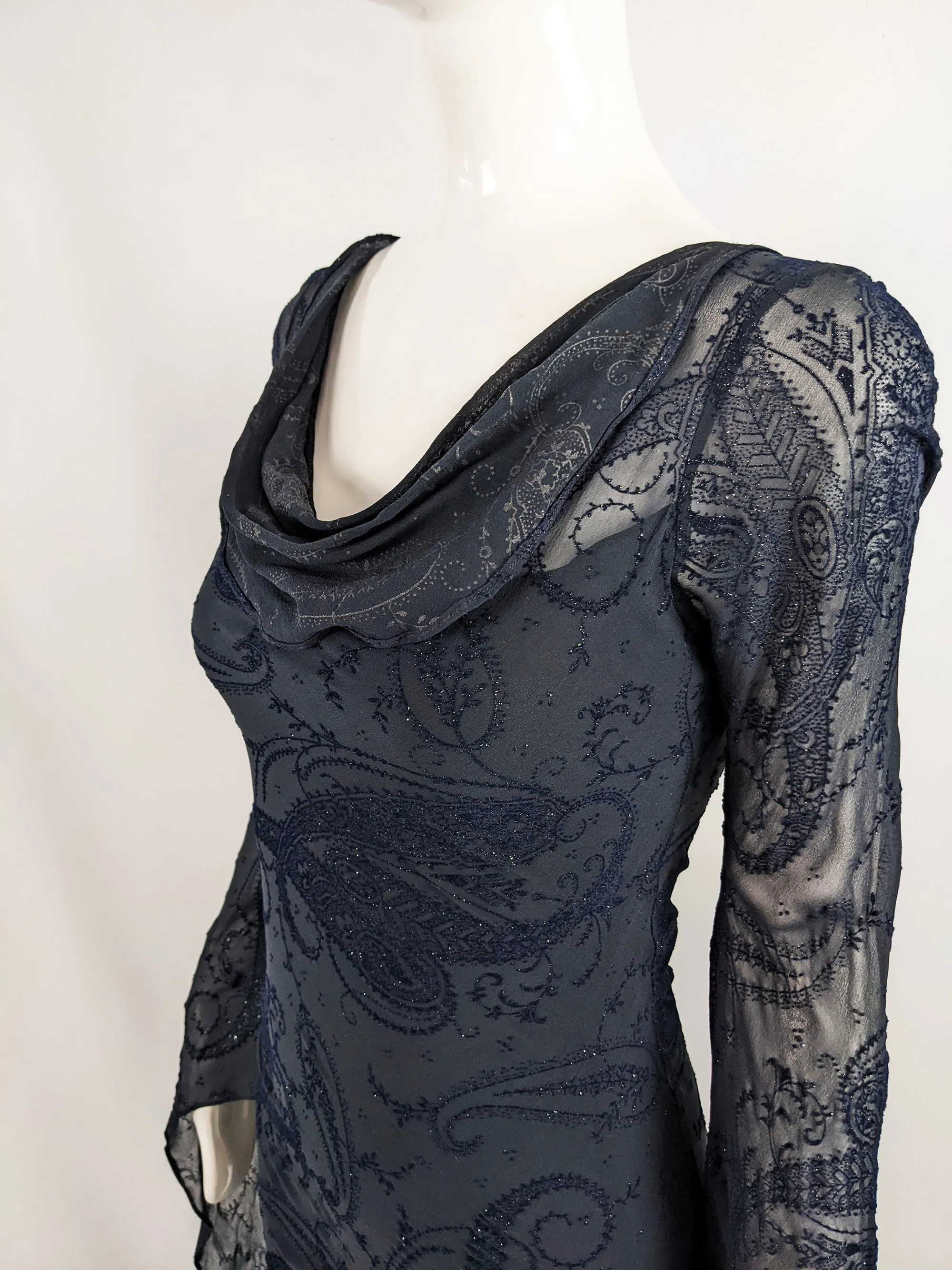 Ronit Zilkha Vintage Midnight Blue Silk Devore Witchy Dress, 2000s