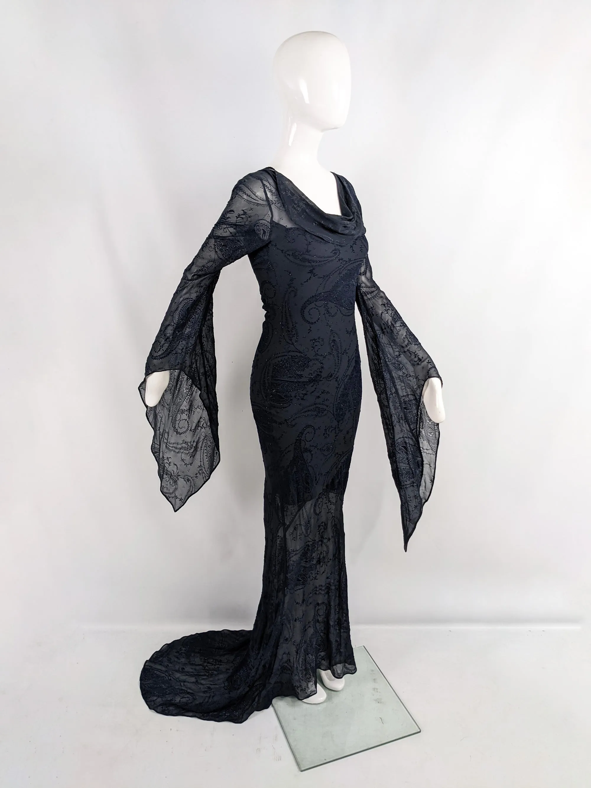 Ronit Zilkha Vintage Midnight Blue Silk Devore Witchy Dress, 2000s