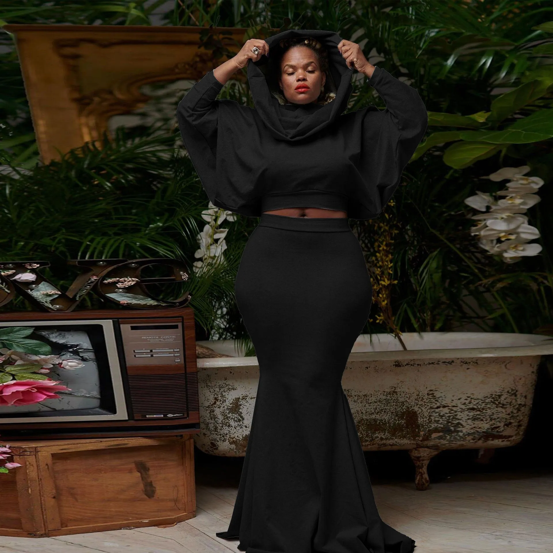 Royalty Midi Maxi Skirt and Batwing Long Sleeve Top