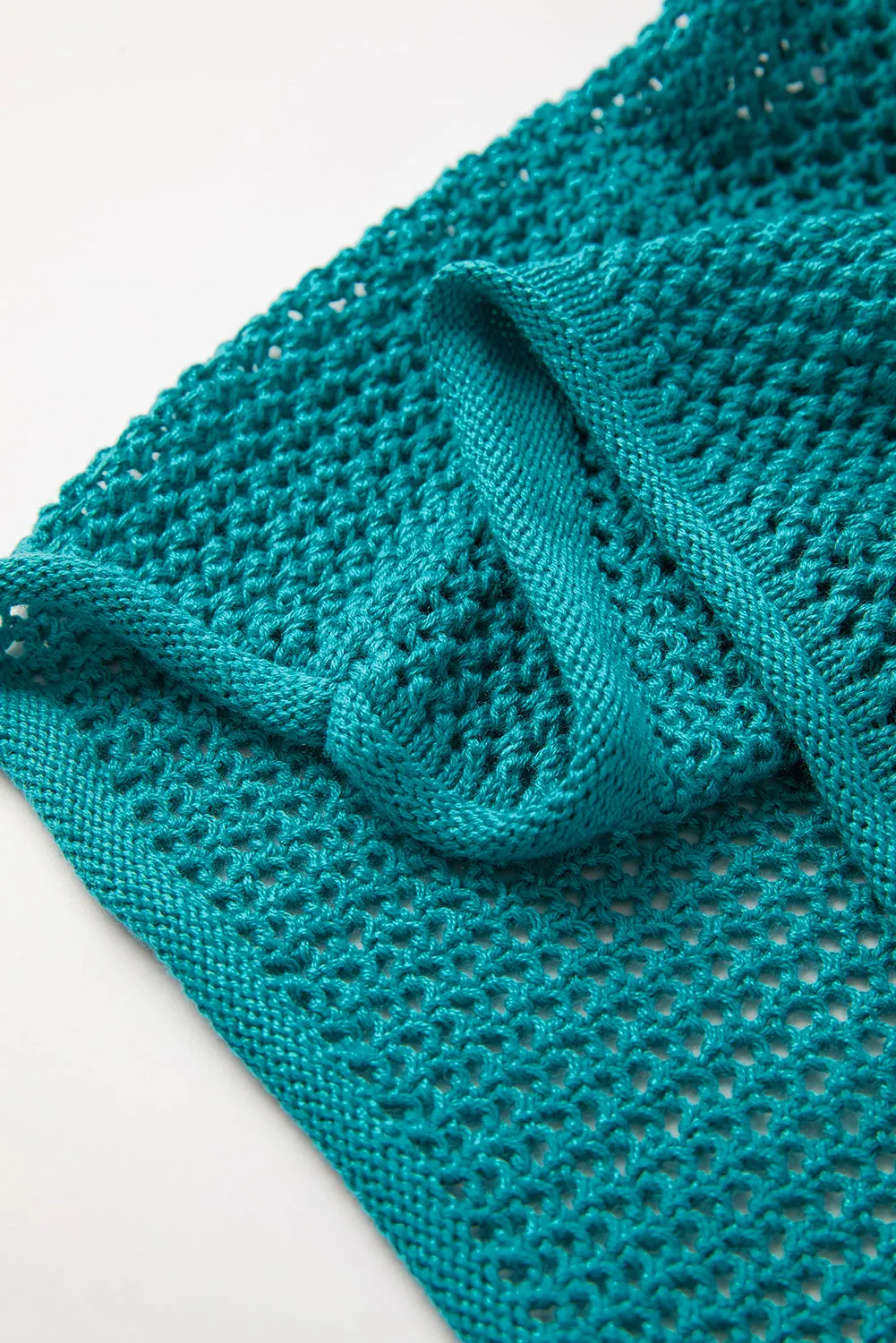 Sea Green 60s Flower Drop Shoulder Hollow Knit Top