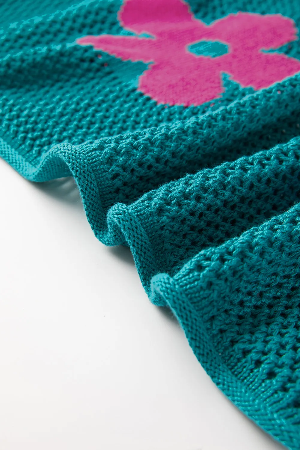 Sea Green 60s Flower Drop Shoulder Hollow Knit Top