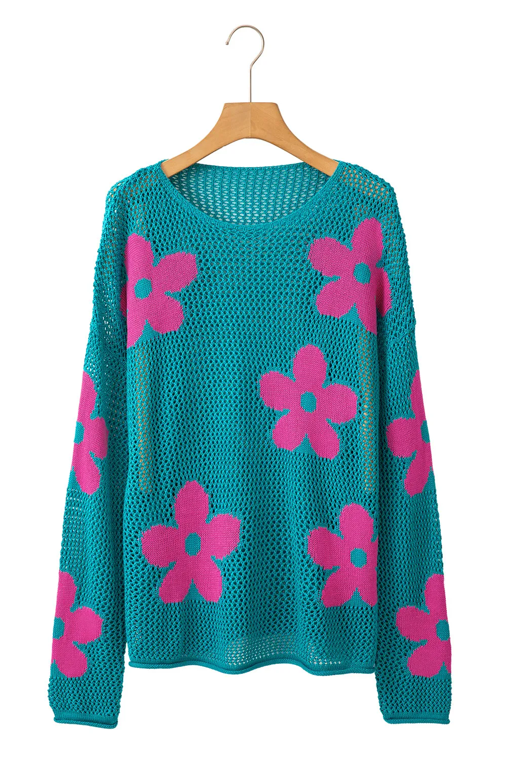 Sea Green 60s Flower Drop Shoulder Hollow Knit Top