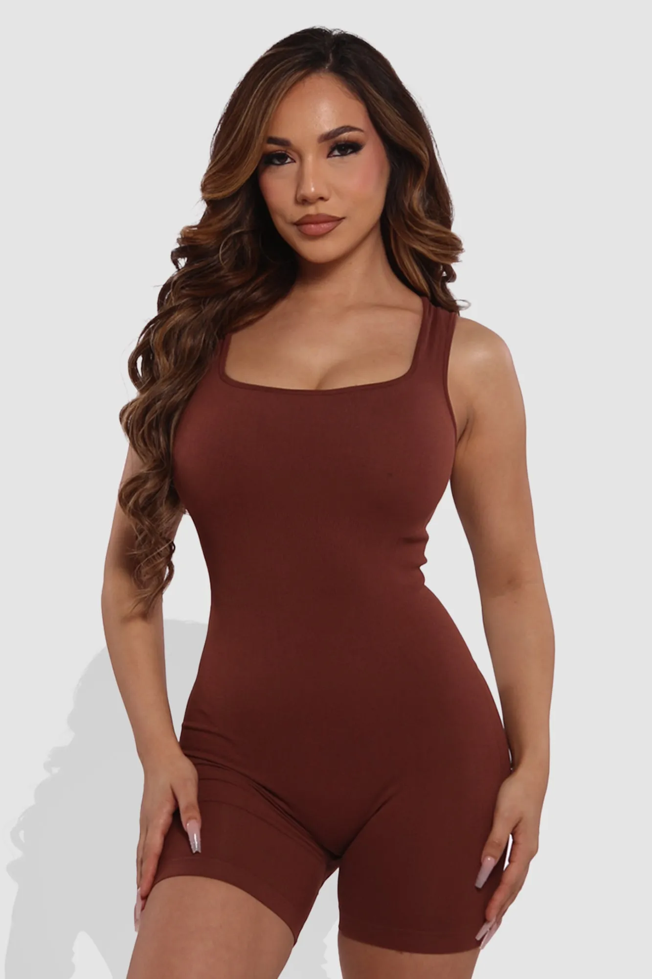 Seamless Rib Knit Romper Bodysuit - Chocolate Brown