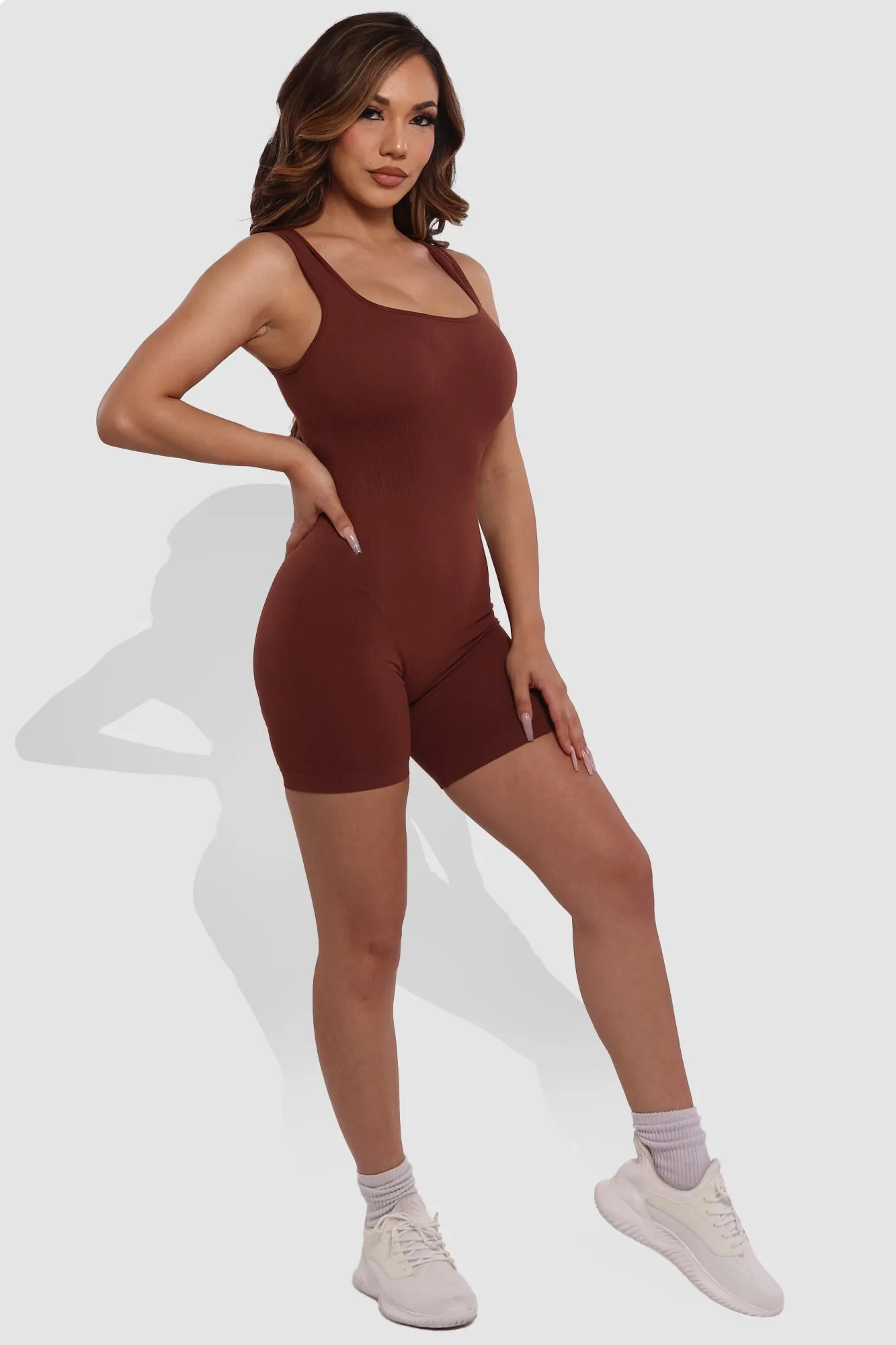 Seamless Rib Knit Romper Bodysuit - Chocolate Brown